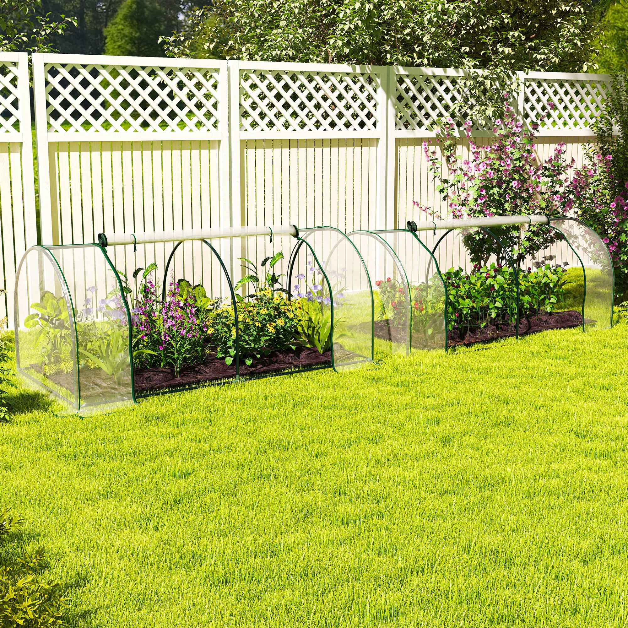 Set of 2 Portable Tunnel Greenhouses with Steel Frame and Roll-up Door - Clear