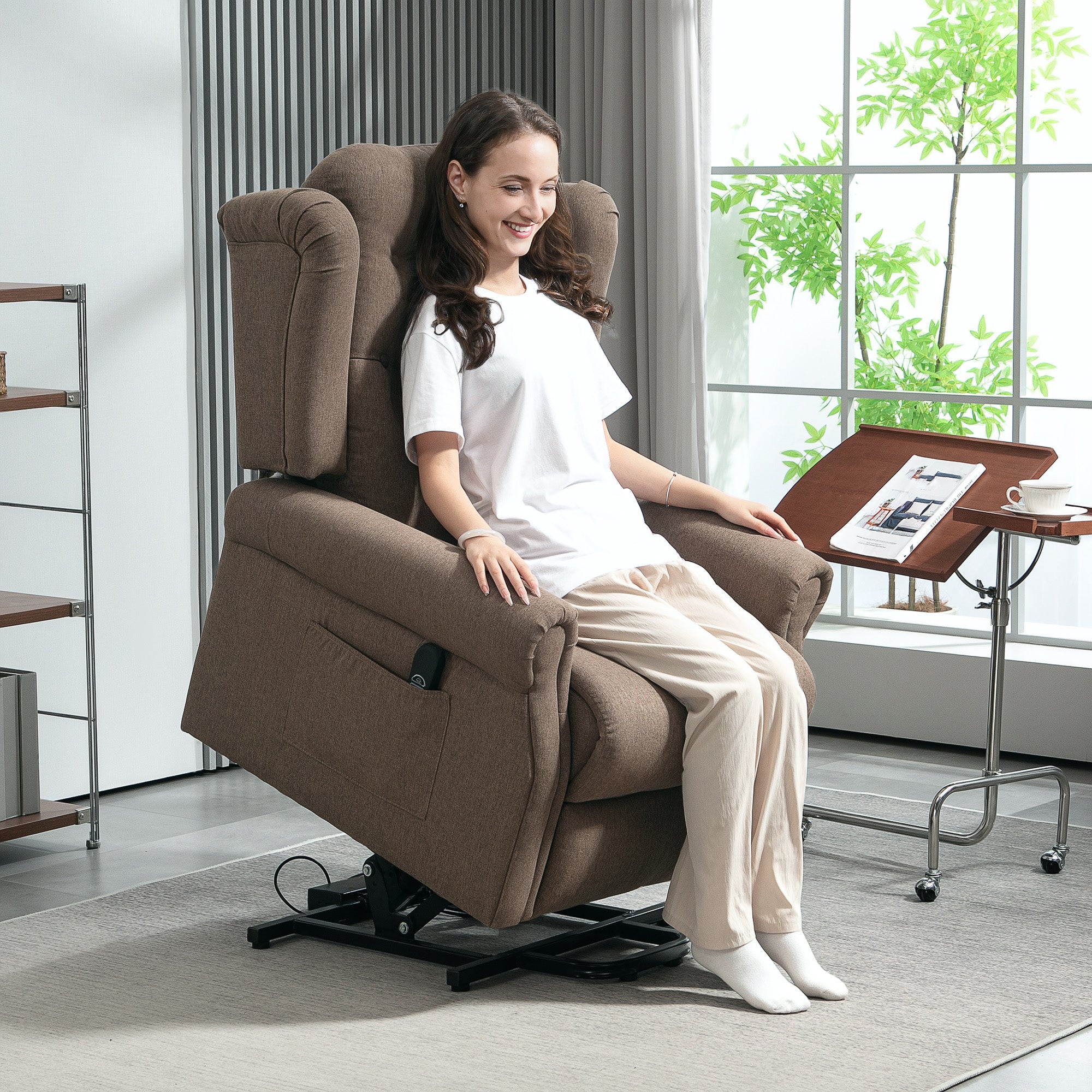 Electric Riser Recliner Chair with USB Ports – Dark Brown Linen Look