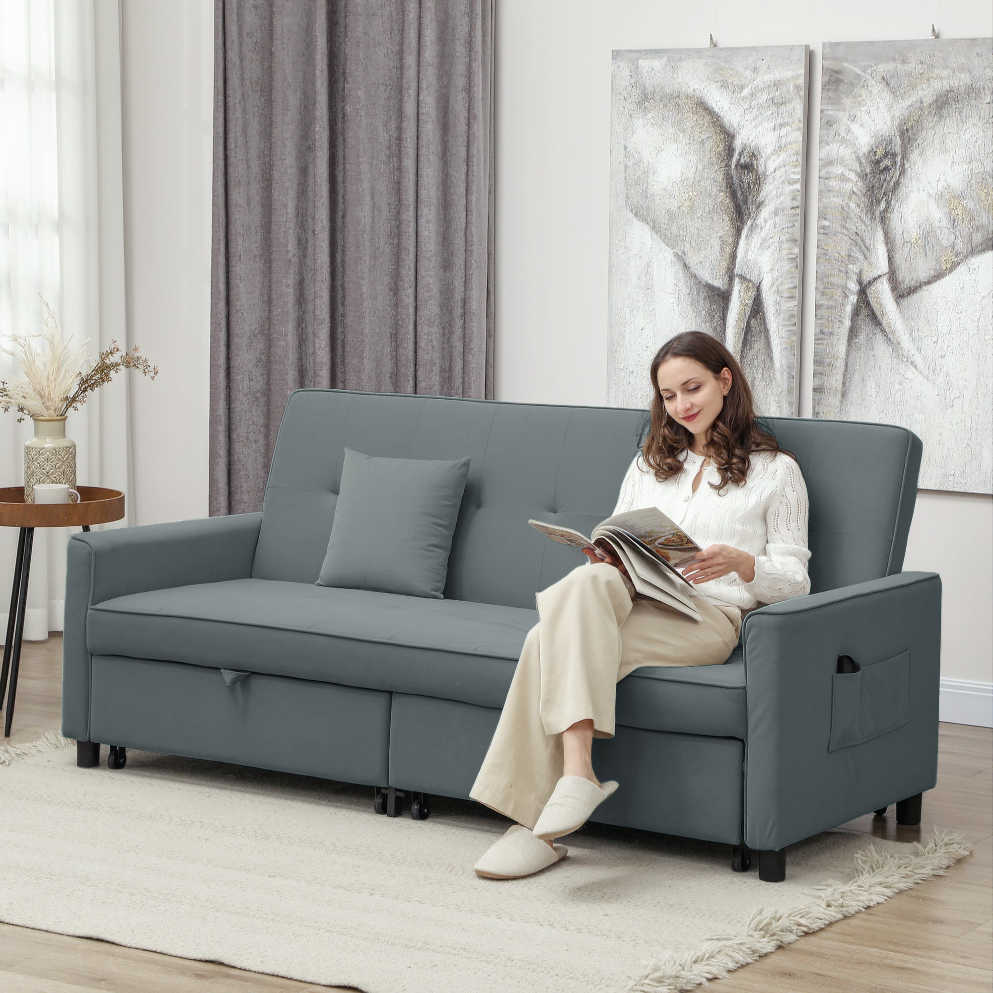 Three-Person Velvet-Feel Sofa Bed with Pillows - Grey