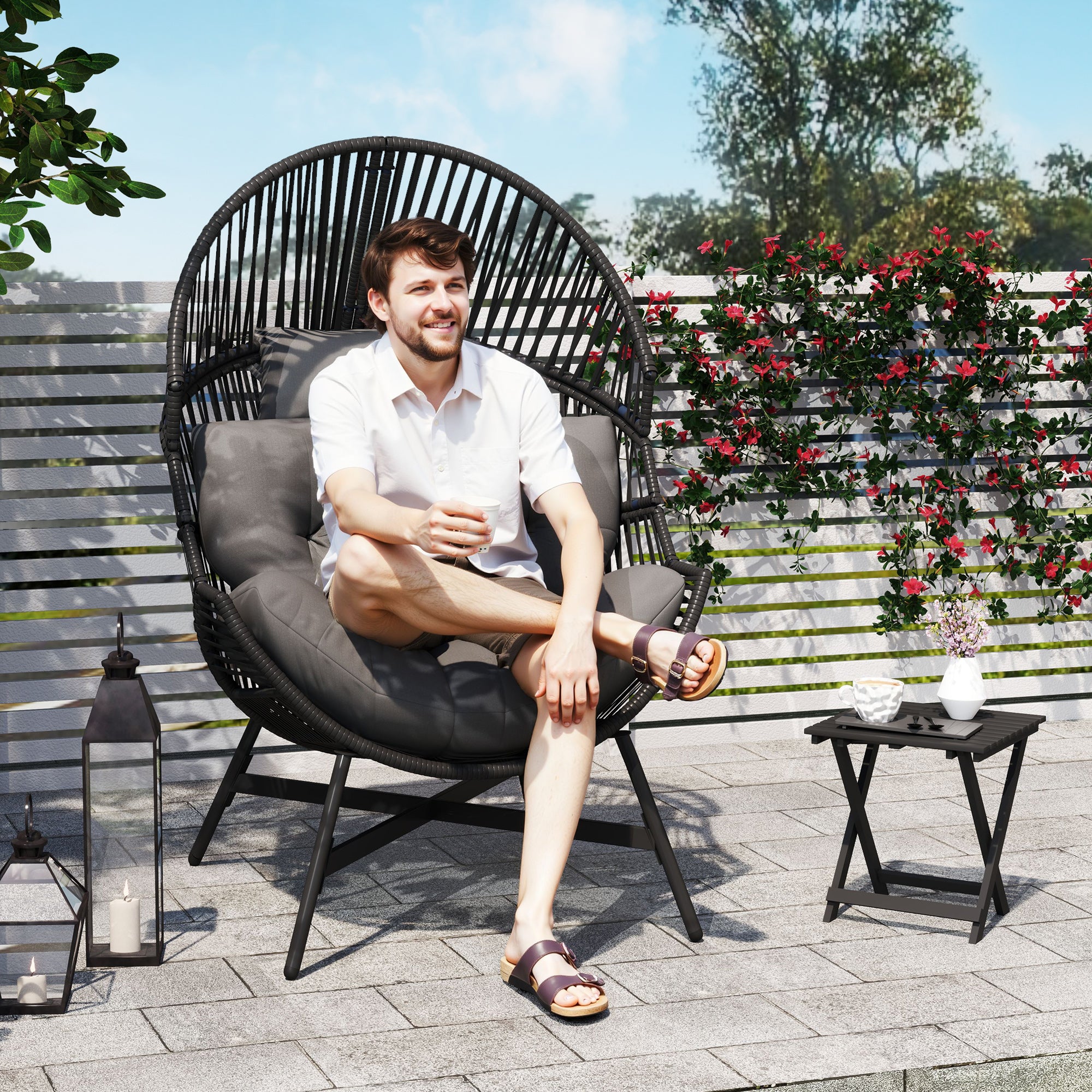 Standing Rattan Egg Chair with Steel Frame and Thick Cushion - Charcoal Grey