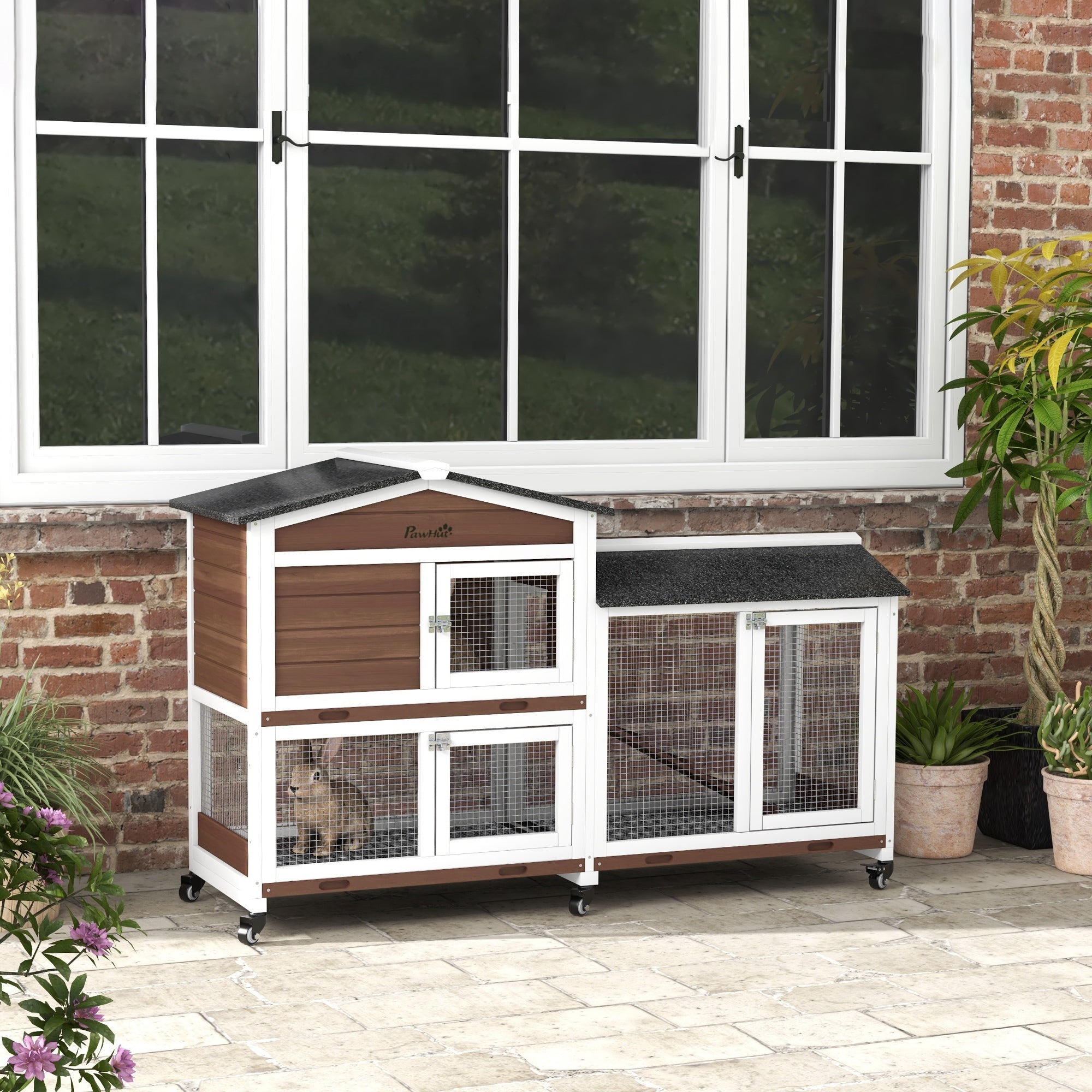 Two-Tier Wooden Pet Hutch with Wheels and Run - Brown
