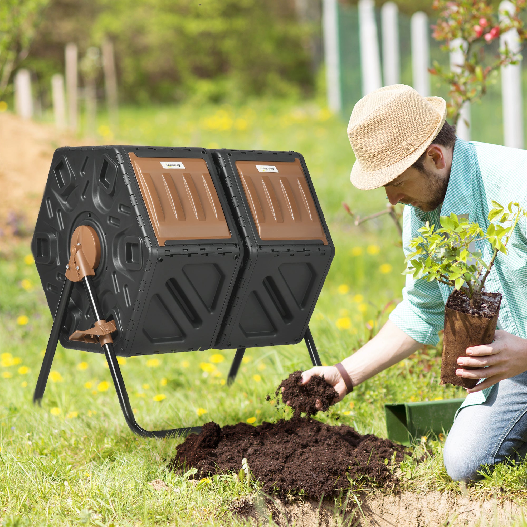 130L Double Chamber Compost Bin for Nutrient-Rich Soil - Black