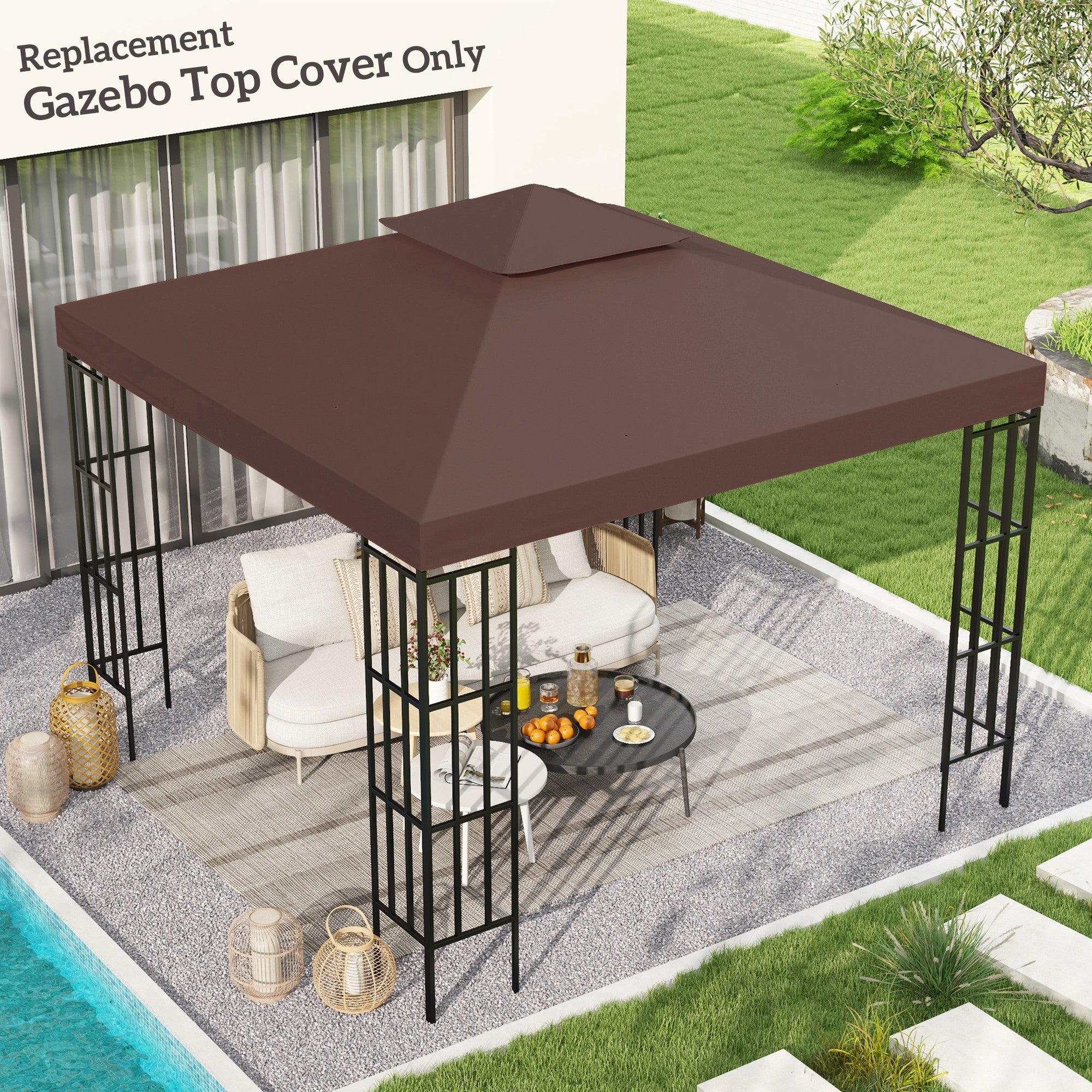 3x3 m Double-Tier Gazebo Canopy Replacement - Coffee