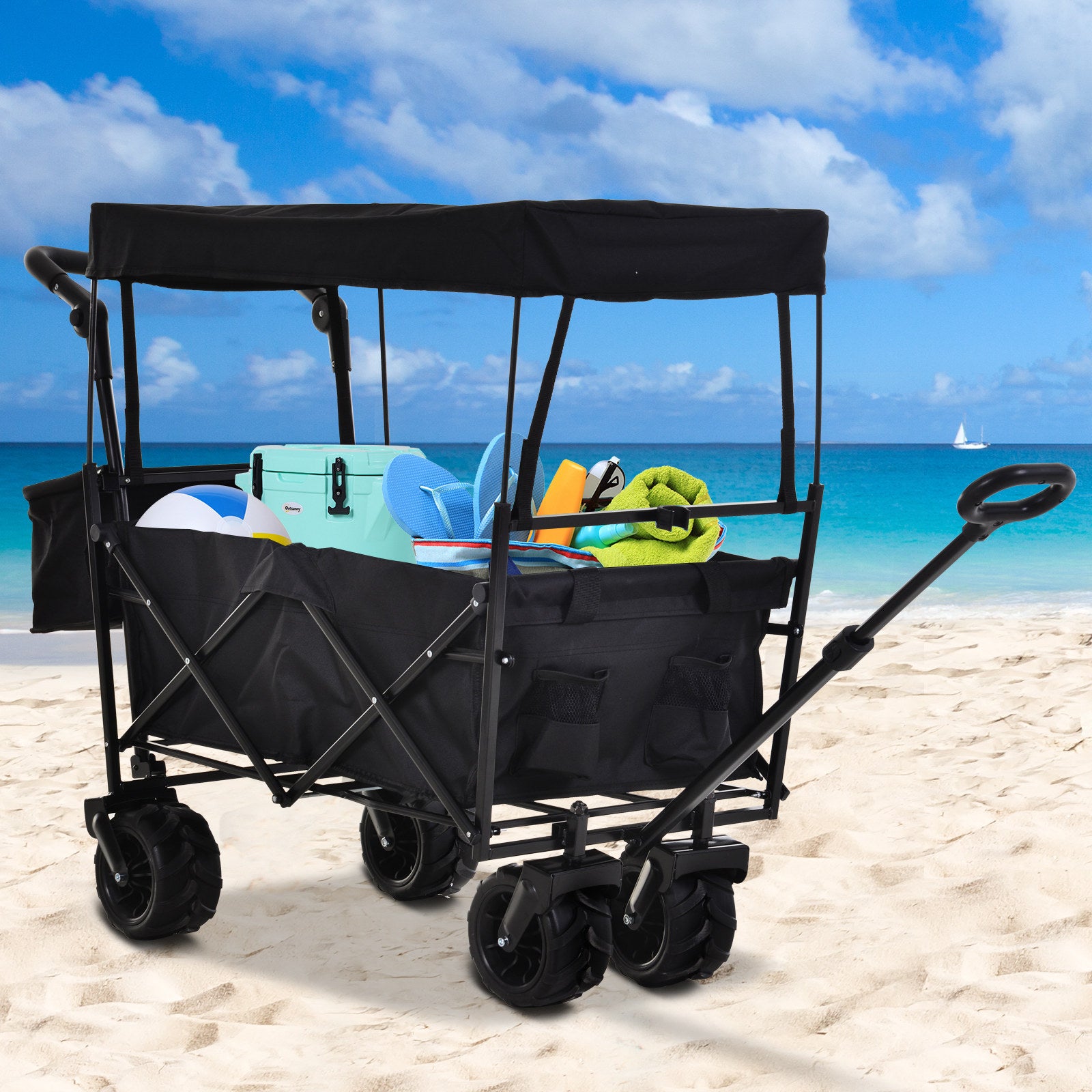 Folding Trolley Cart Storage Wagon Beach Trailer 4 Wheels with Handle Overhead Canopy Cart Push Pull For Shopping Camping Garden - Black