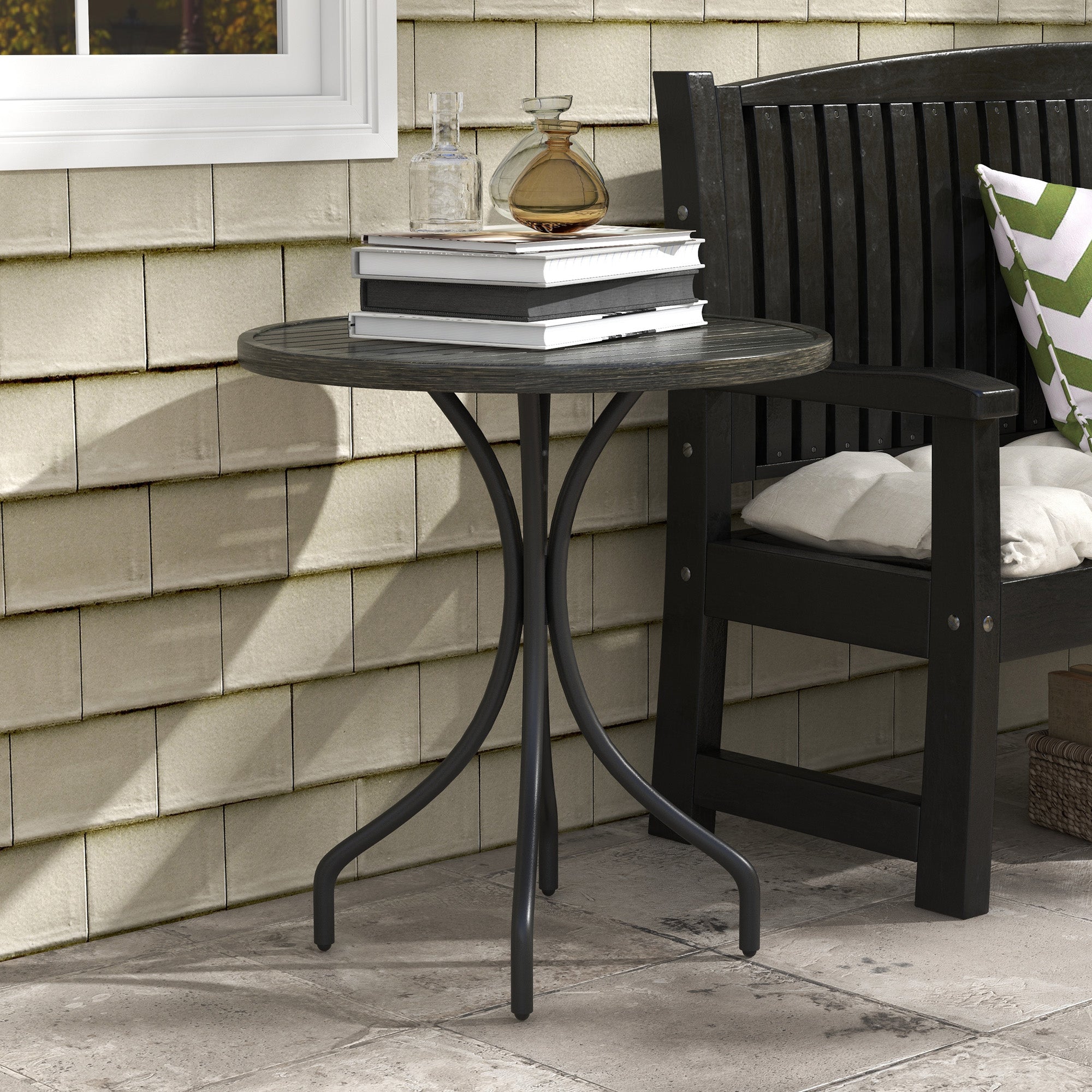 66cm Galvanised Steel Slatted Garden Table with Grey Wood Grain Top - Grey