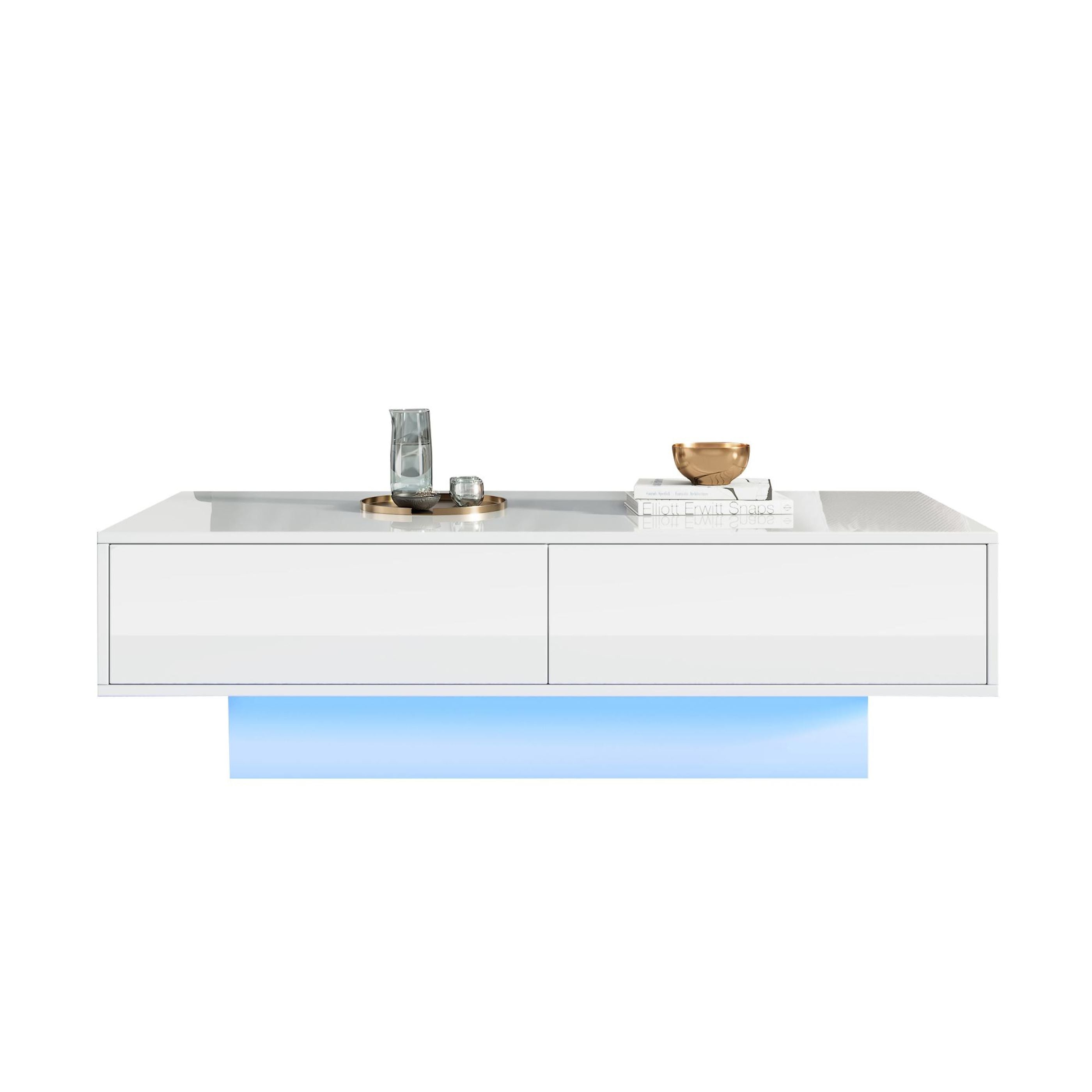 High Gloss LED Coffee Table with 2 Drawers and Bluetooth Control, Tea Table with Particle Board, 115L x 55W x 34H cm, White