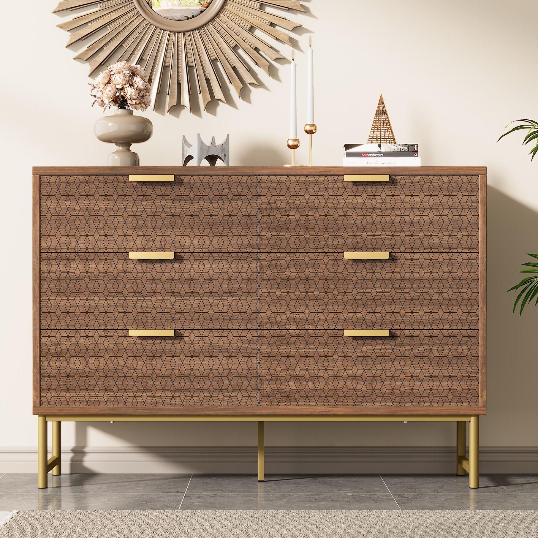 Embossed Design Sideboard Cabinet Dresser with 6 Drawers, Anti-tip, Storage Cabinet for Hallway, 120L x 40W x 75H cm, Walnut