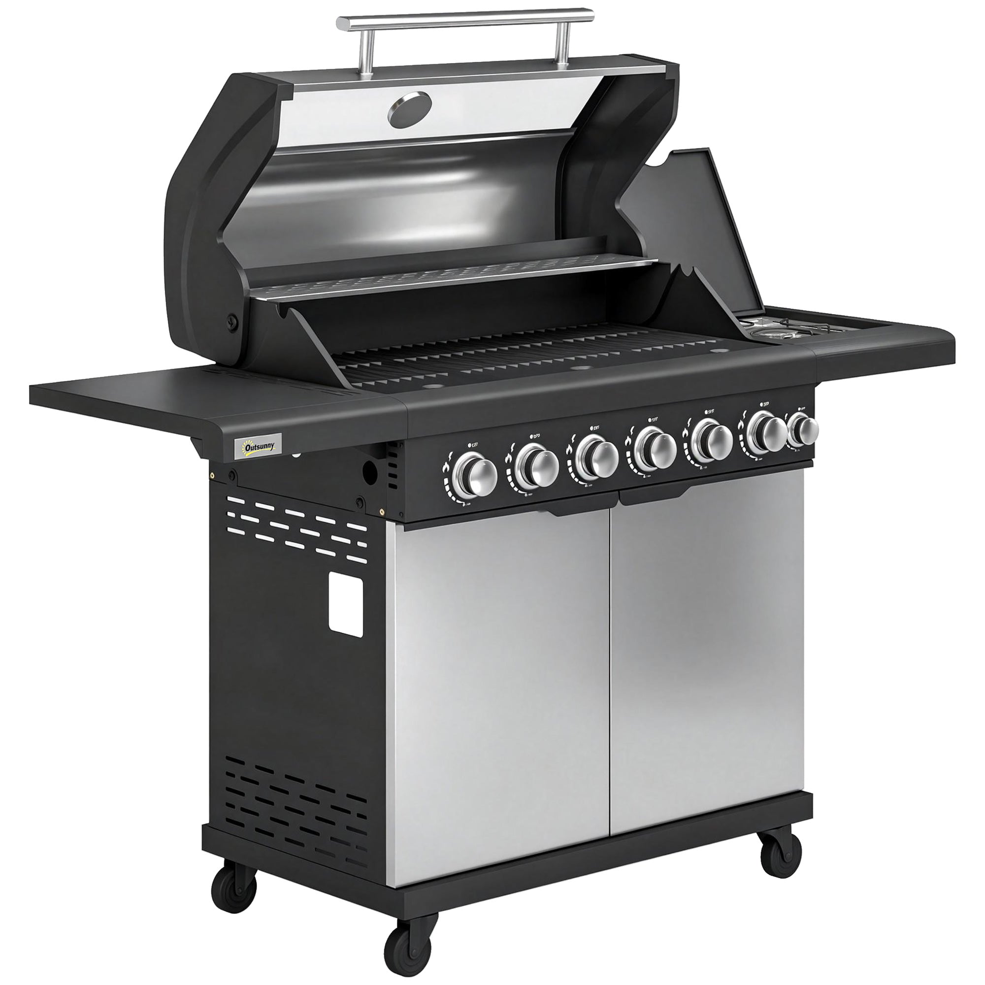 6+1 Burner Gas BBQ Grill, Outdoor Barbecue Trolley with Wheels, Warming Rack, Thermometer, Bottle Opener, Silver Tone