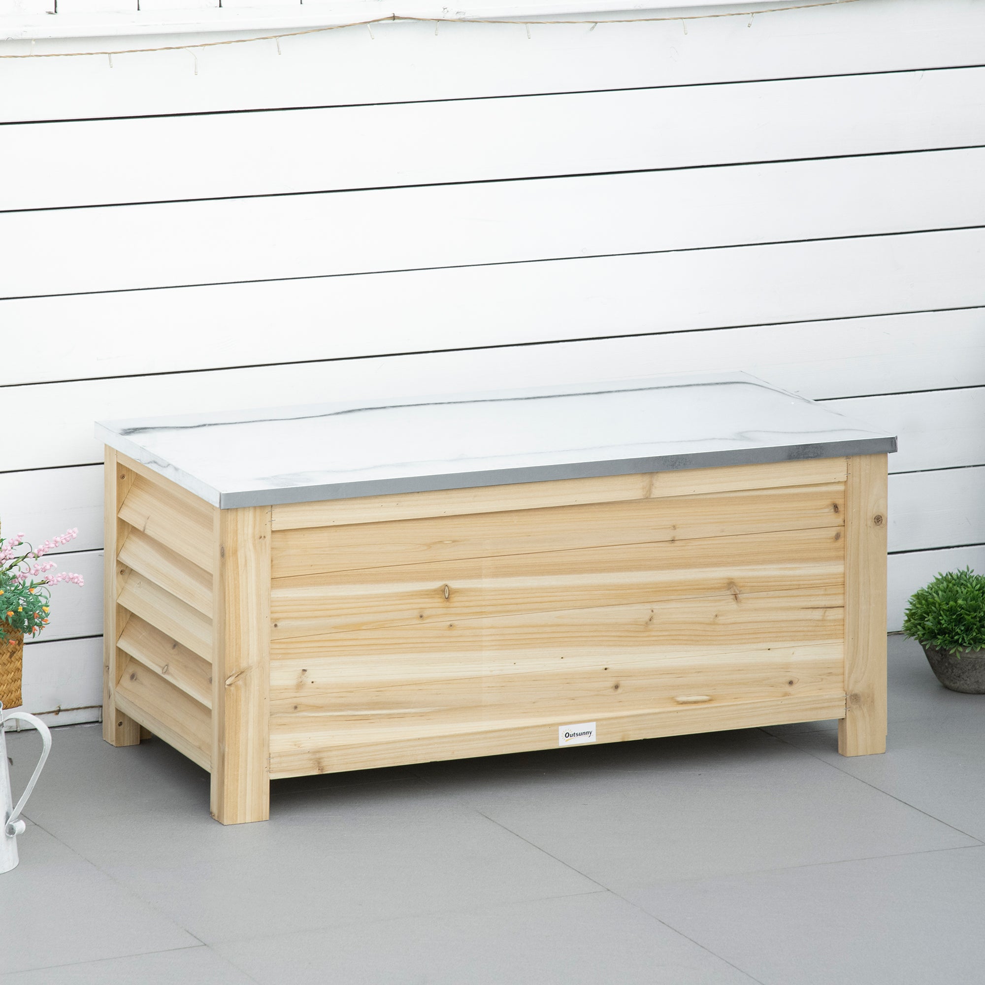 155L Outdoor Storage Box with Metal Top and Shutter Walls, Wooden Outside Tool organiser Container, for Garden, terrace