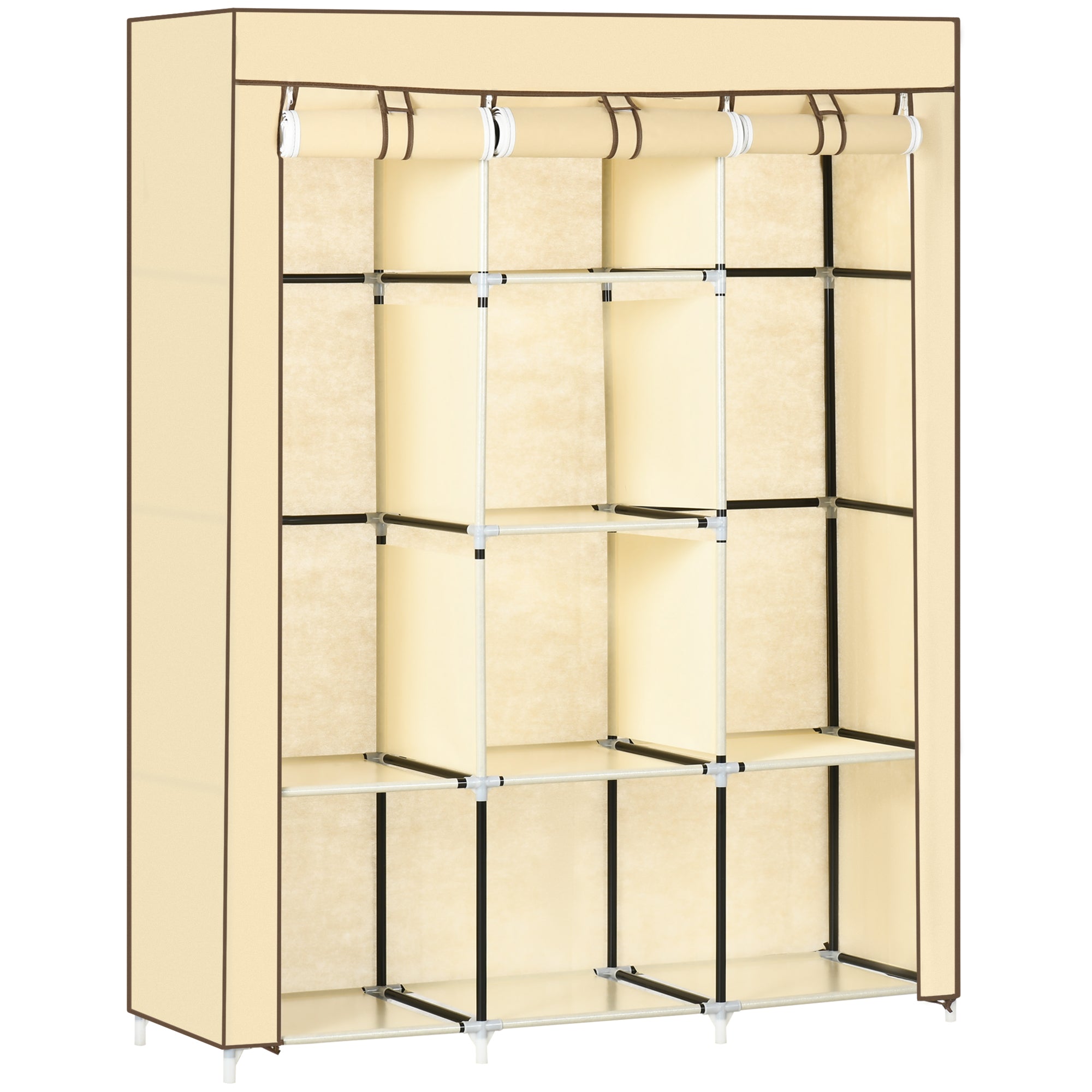 Fabric Wardrobe with Dual Rails and Shelves for Organized Storage - Beige