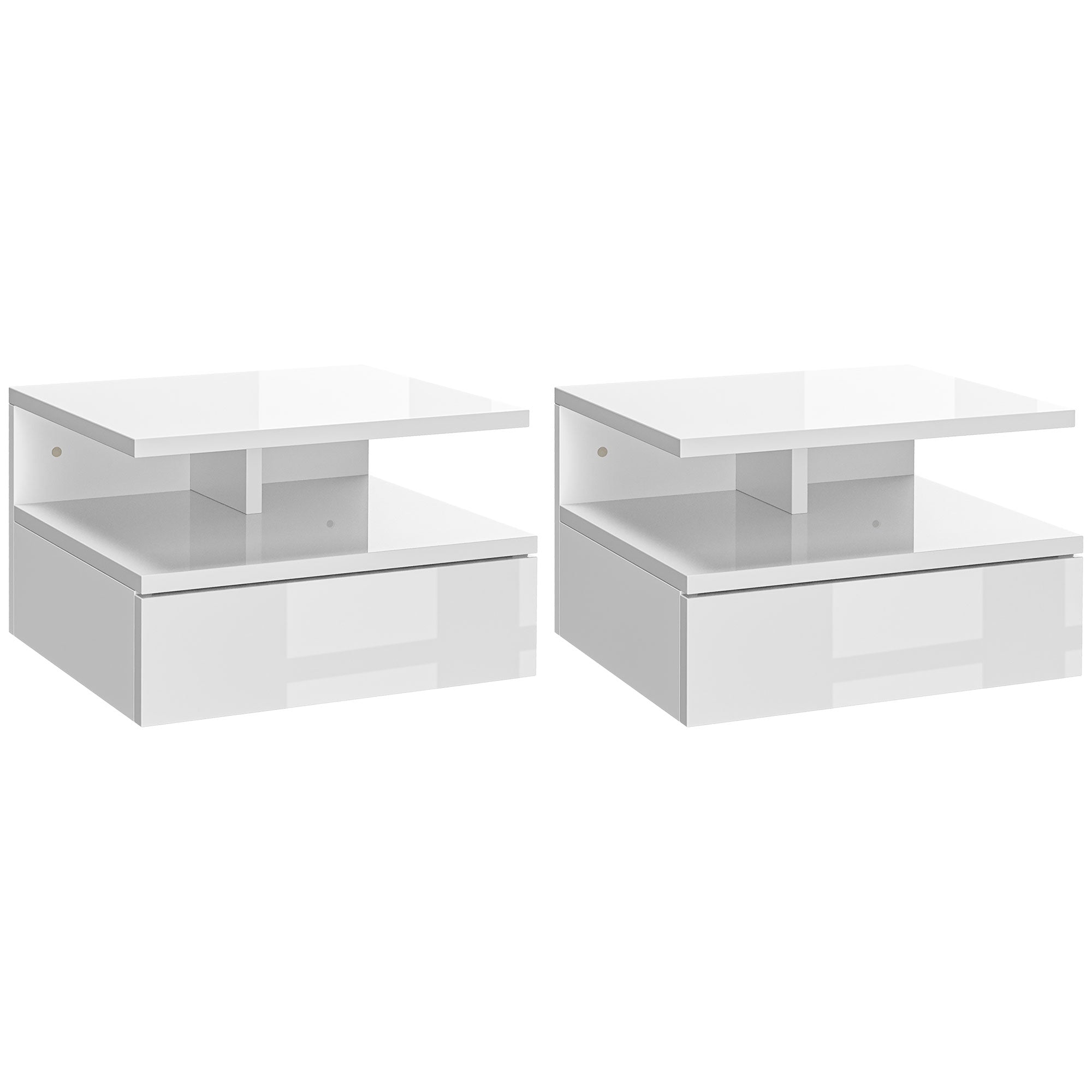 Set of Two Floating High Gloss Bedside Tables with Storage - White