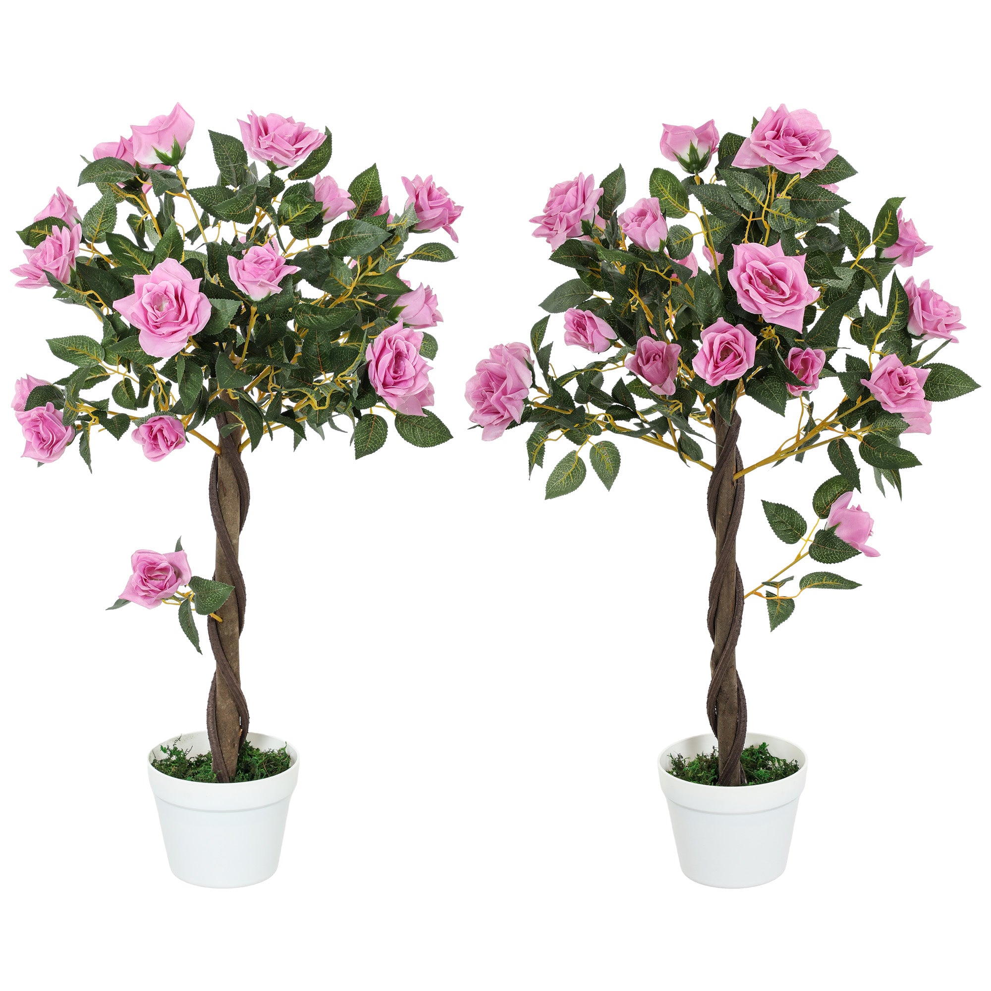 Set of 2 Artificial Plants White Rose Floral in Pot, Fake Plants for Home Indoor Outdoor Decor, 90cm, Purple