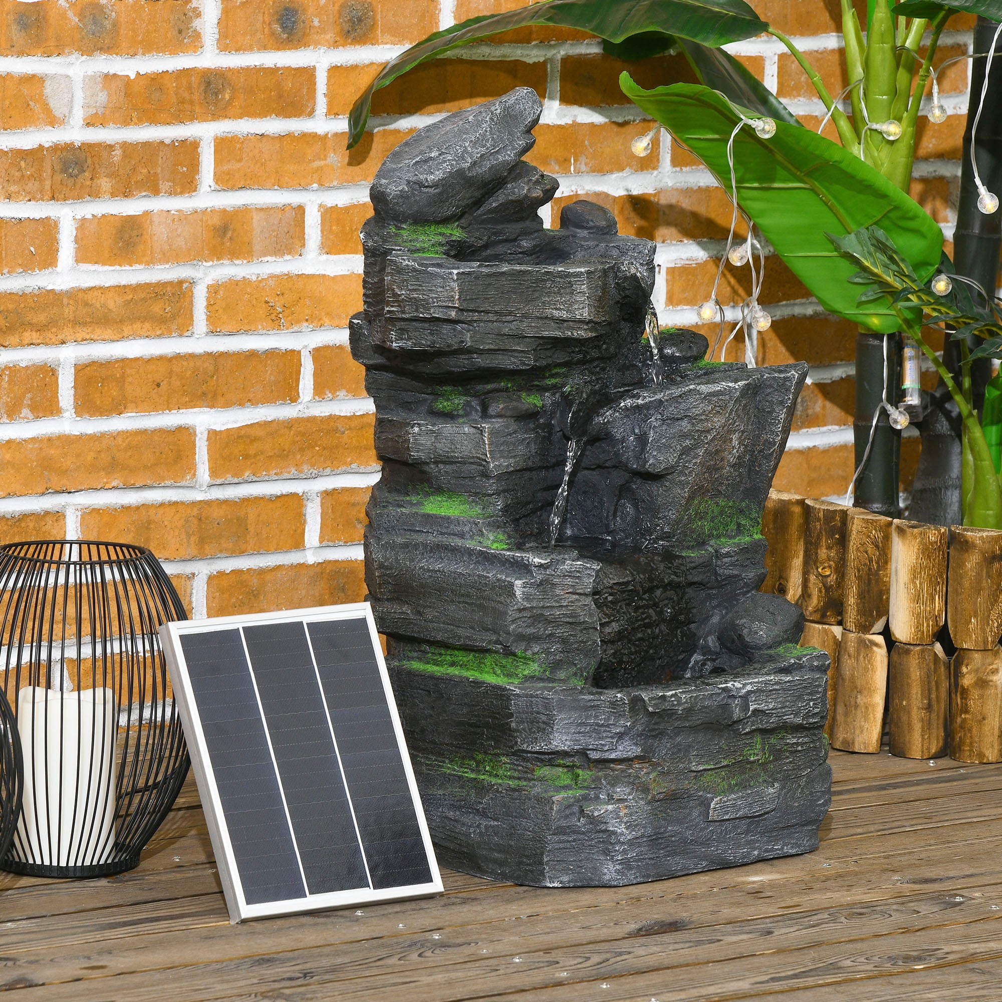 Garden Solar-Powered Water Feature with LED Lights - Dark Grey