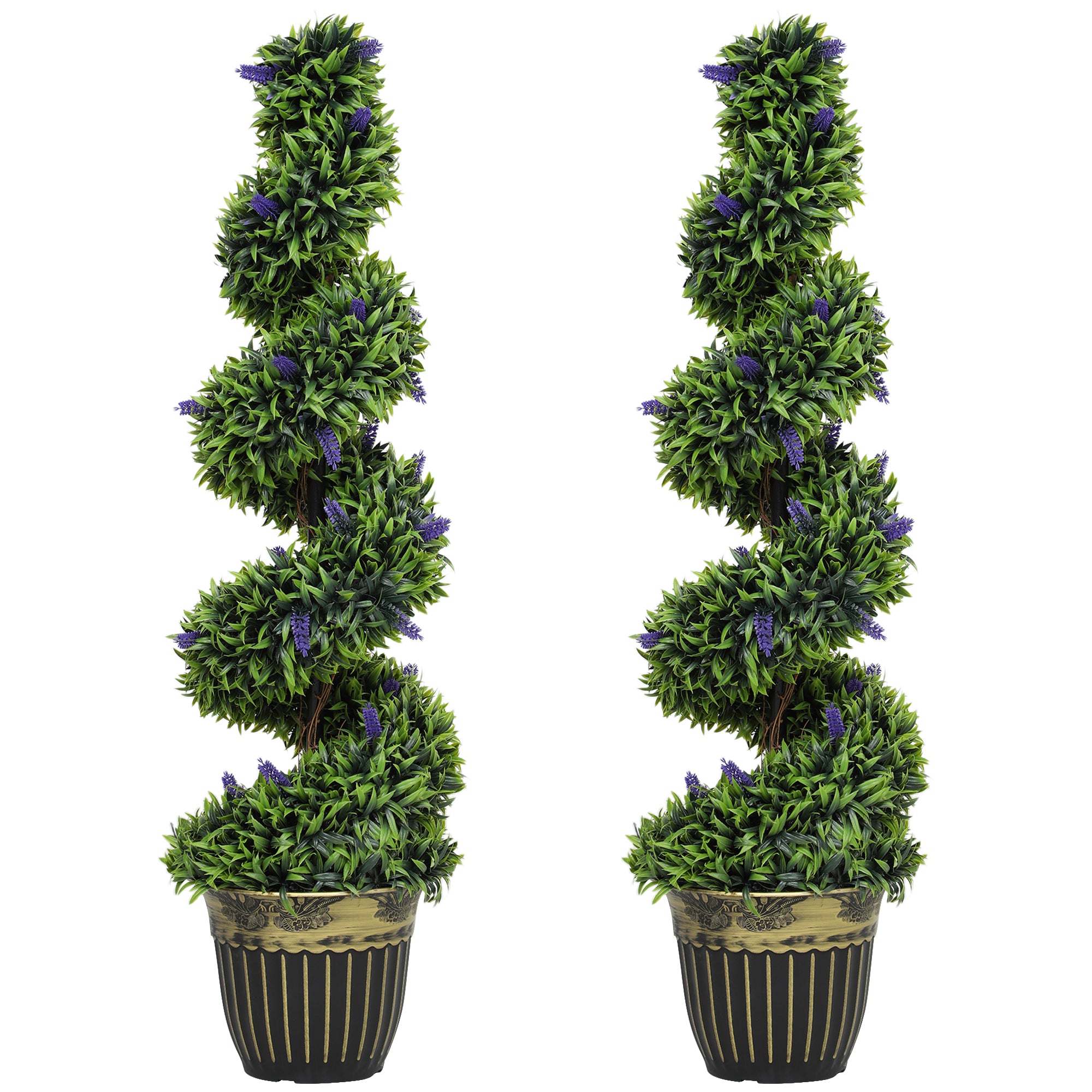 Set of 2 Decorative Artificial Plants, Boxwood Spiral Topiary Tree with Lavender and Pot, Fake Plants for Home Indoor Outdoor Decor, 115cm