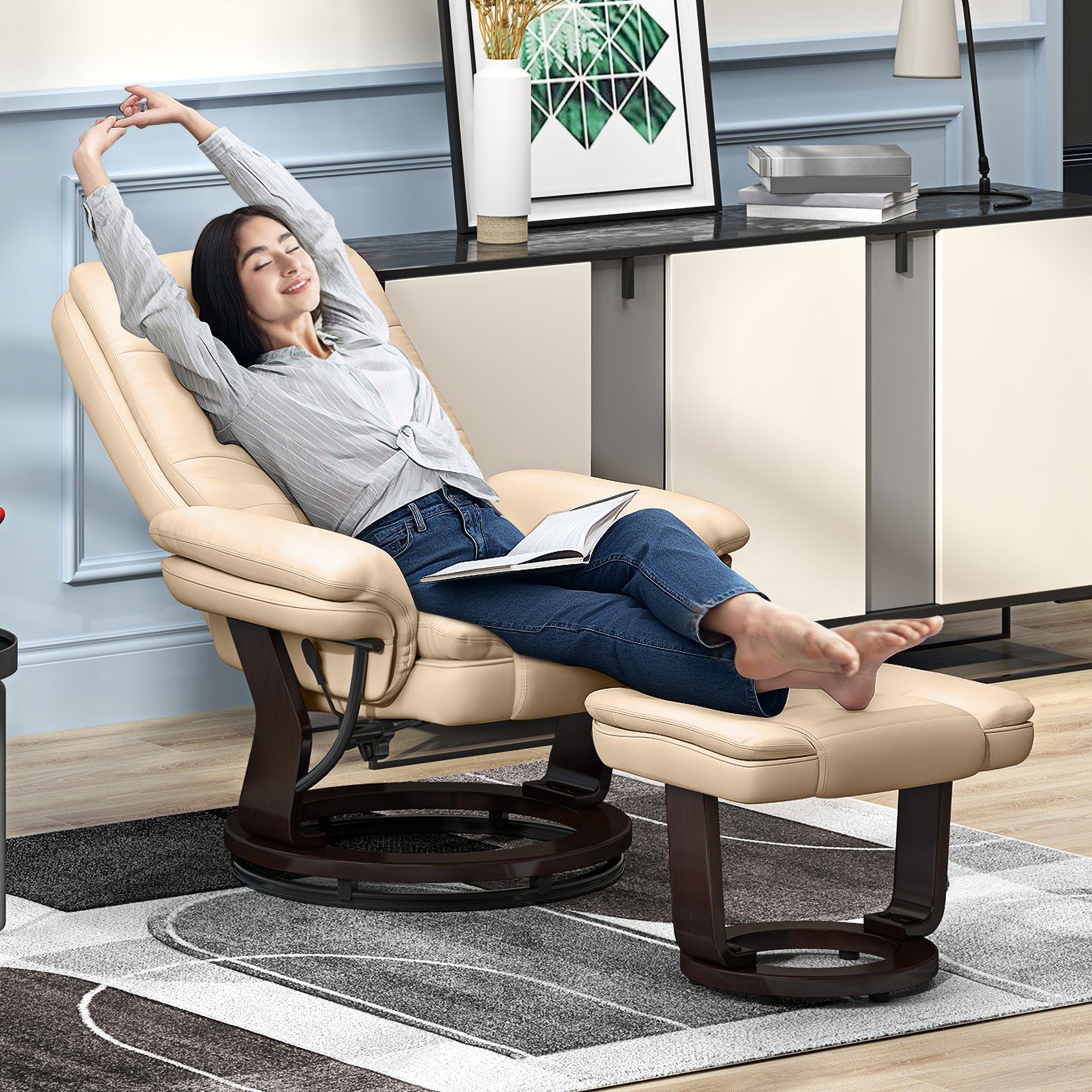 Faux Leather 135° Reclining Chair and Footstool - Beige