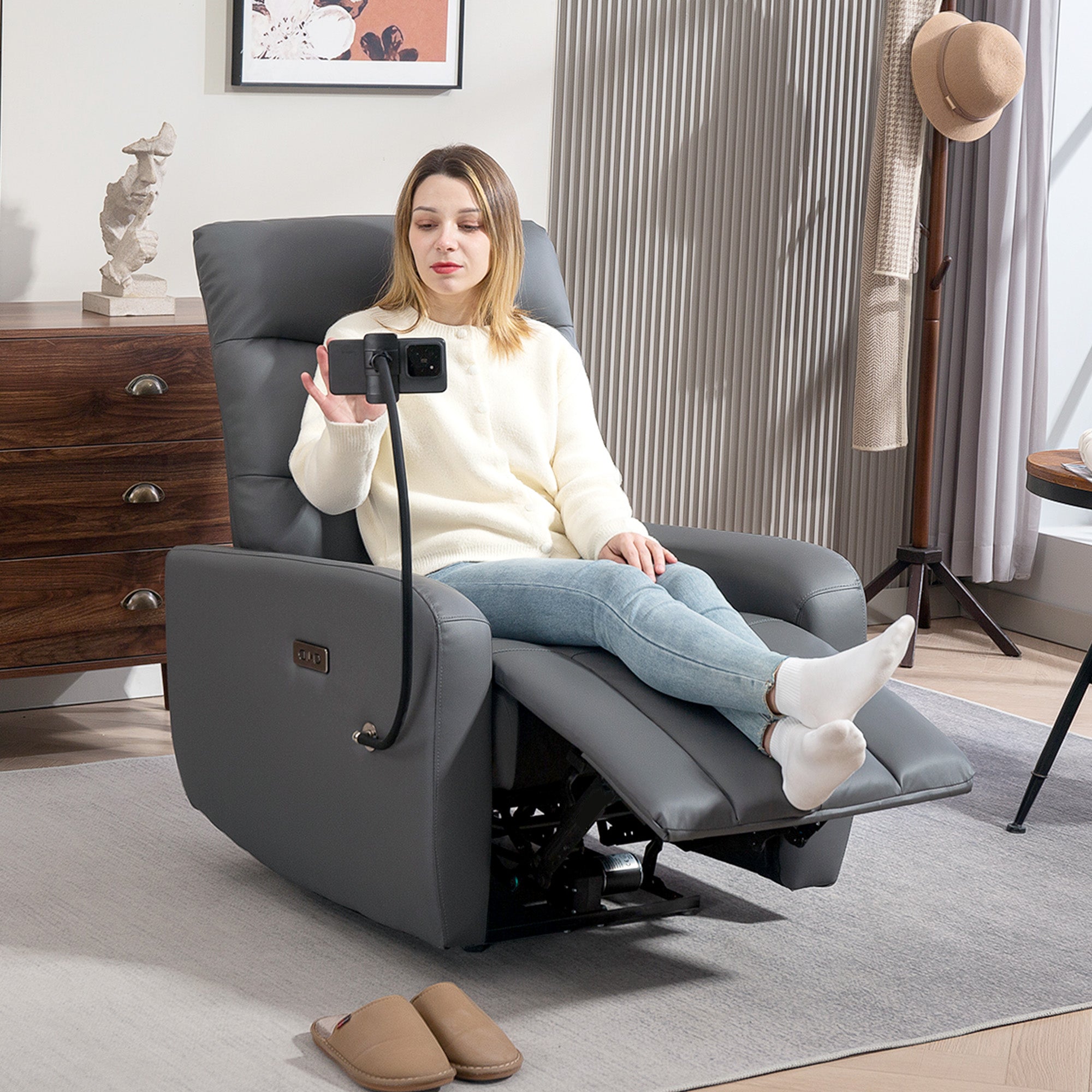 Electric Recliner Armchair with USB + Type C Charge Port, Phone Holder, PU Leather Reclining Chair with Adjustable Leg Rest, Recliner Chair for Home Living Room Theater, Grey