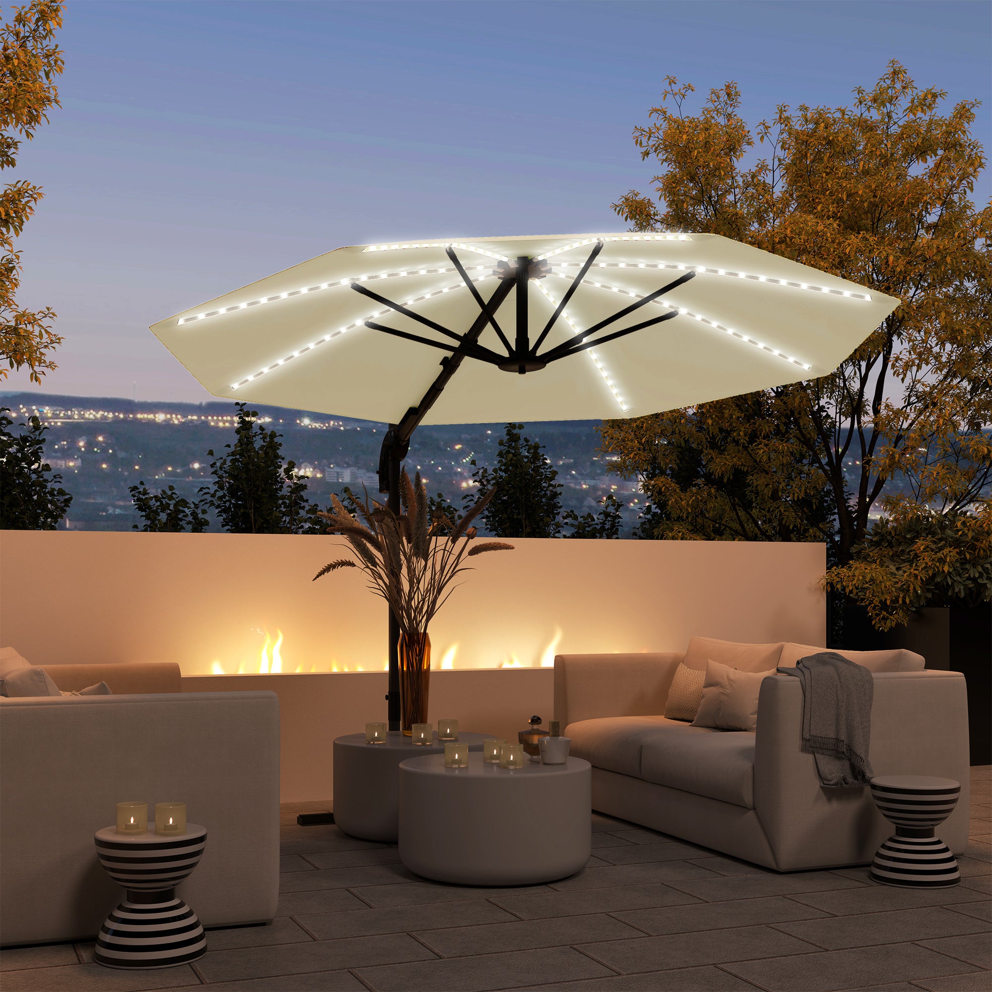 3 Metre Cantilever Garden Parasol with Solar Lights and Crank Handle - Cream