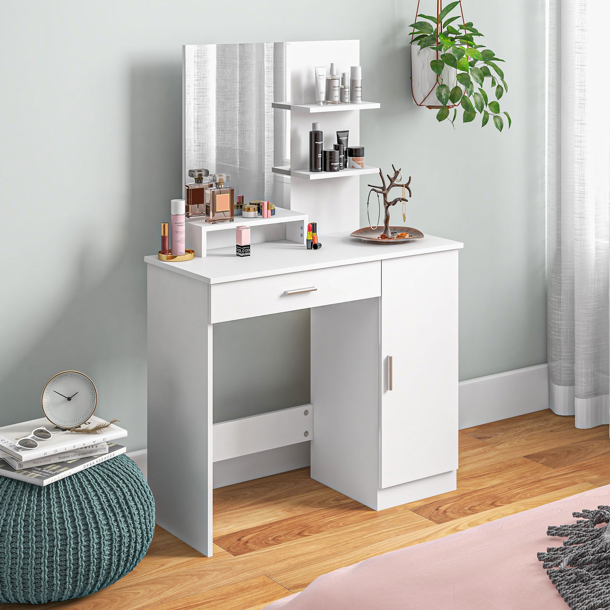 Modern White Dressing Table with Storage and Large Mirror