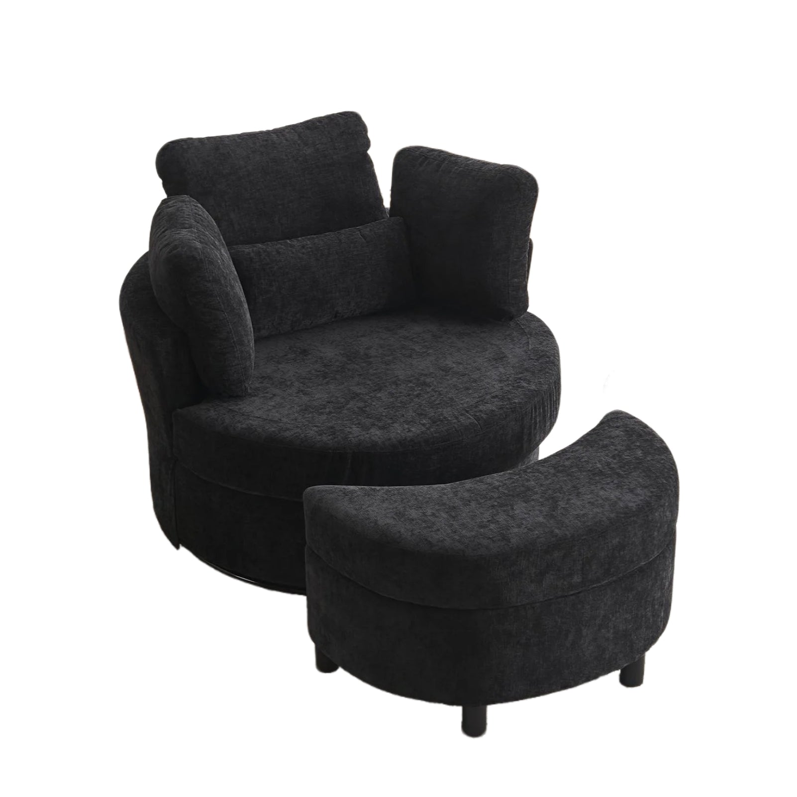 Chenille Swivel Armchair with 3 Back Cushions and Crescent Ottoman Stool, 360° Swivel Recliner Sofa, 107L x 105W x 82H cm, Black