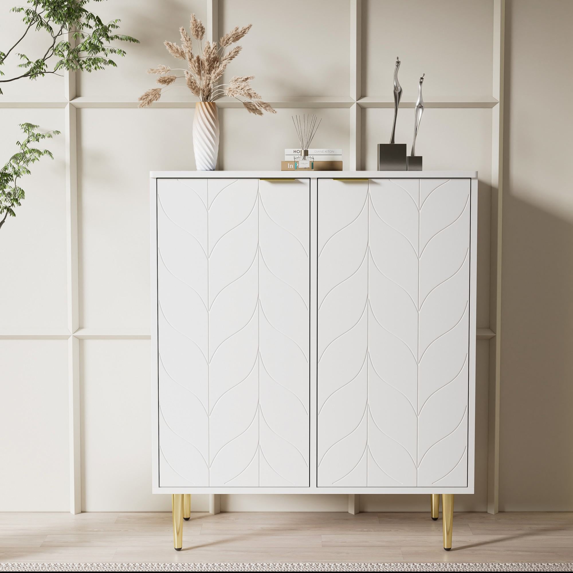 Lacquered Sideboard with 2 Doors and 6 Compartments, Gold-Plated Feet and Handles, 3 Shelves, 75L x 40W x 90H cm, White