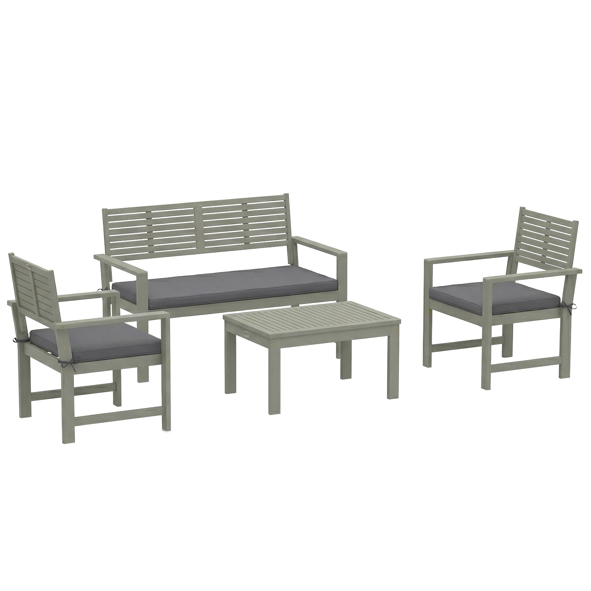 4 Seater Wooden Garden Furniture Set with Loveseat, Armchairs, Table, Acacia Wood Garden Sofa Set, Light Grey