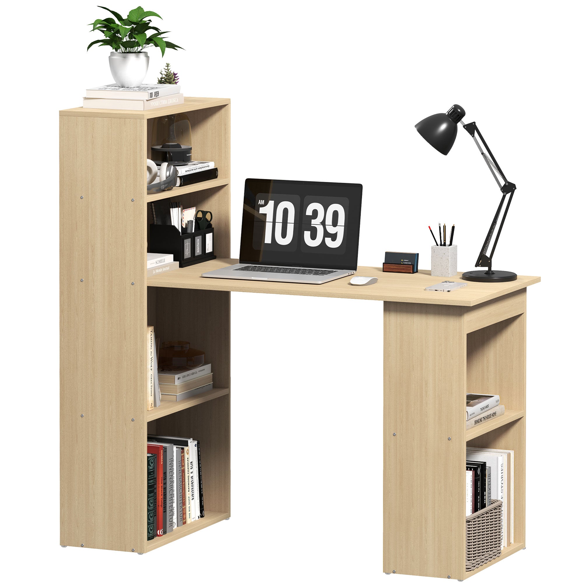 120cm Modern Computer Desk Bookshelf Study Table Workstation PC Laptop Writing Home Office 6 Shelves, Natural Wood Finish