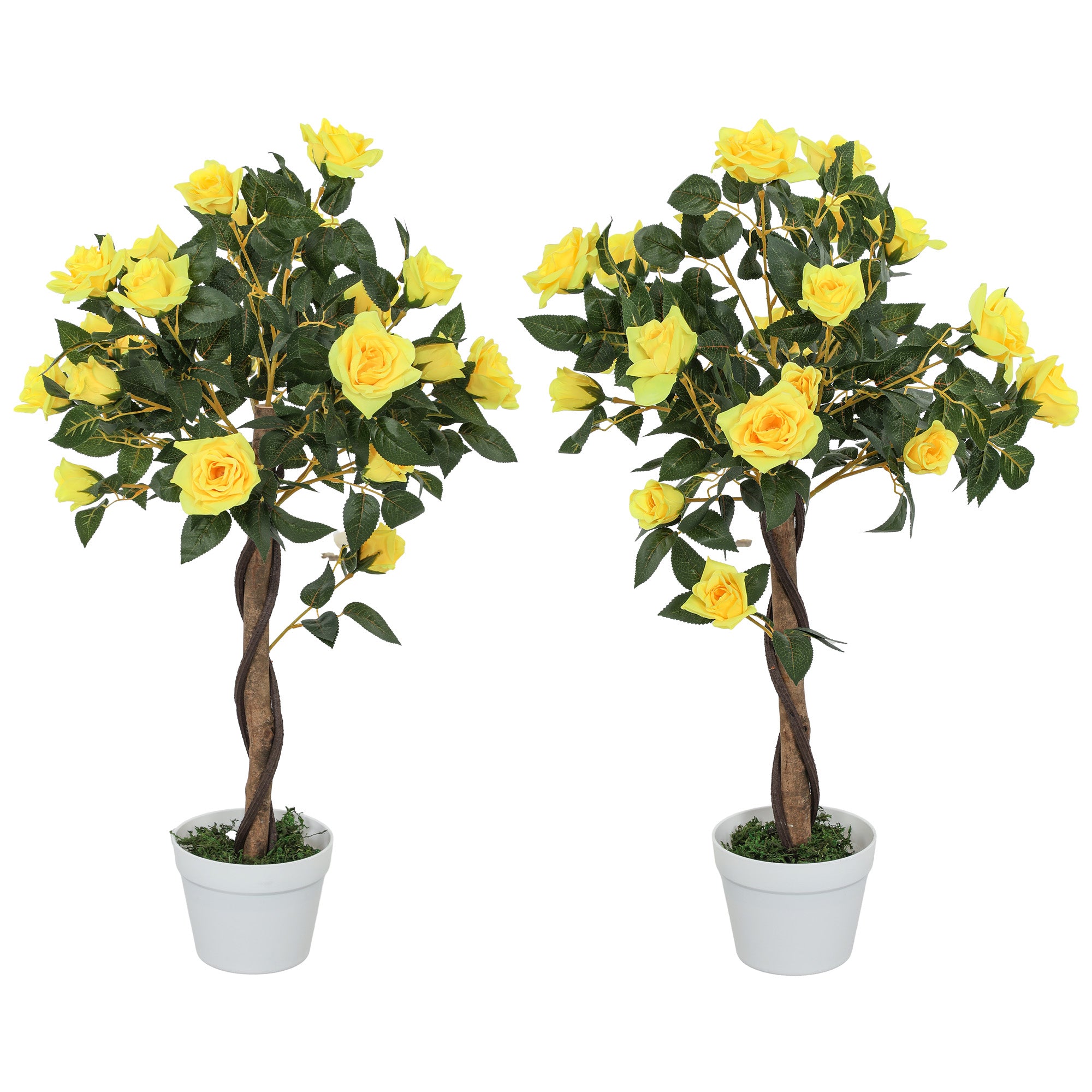 Set of 2 Artificial Plants White Rose Floral in Pot, Fake Plants for Home Indoor Outdoor Decor, 90cm, Yellow