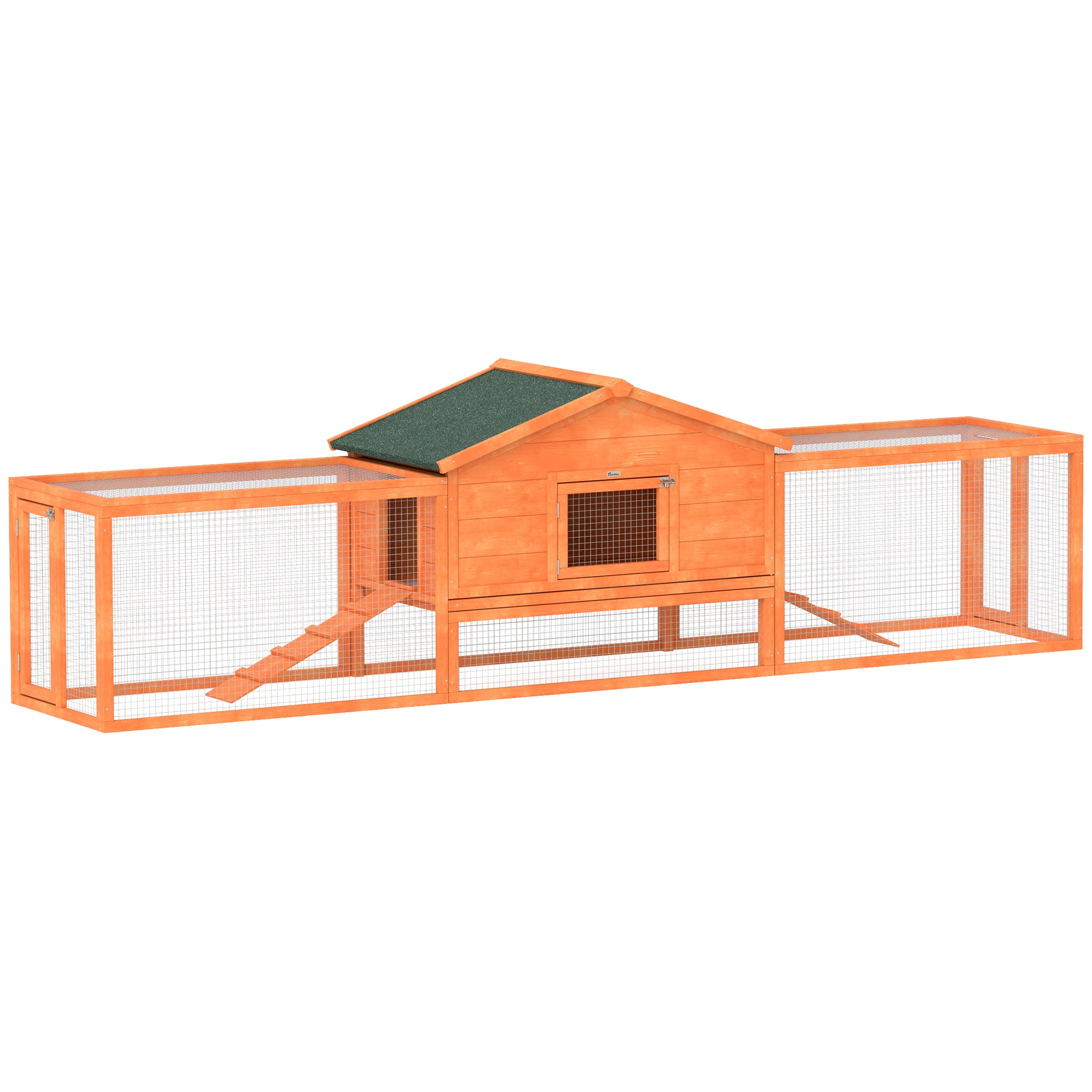 Wooden Rabbit Hutch with Run, Tray, Ramps, Asphalt Roof, 309 x 70 x 87cm, Orange