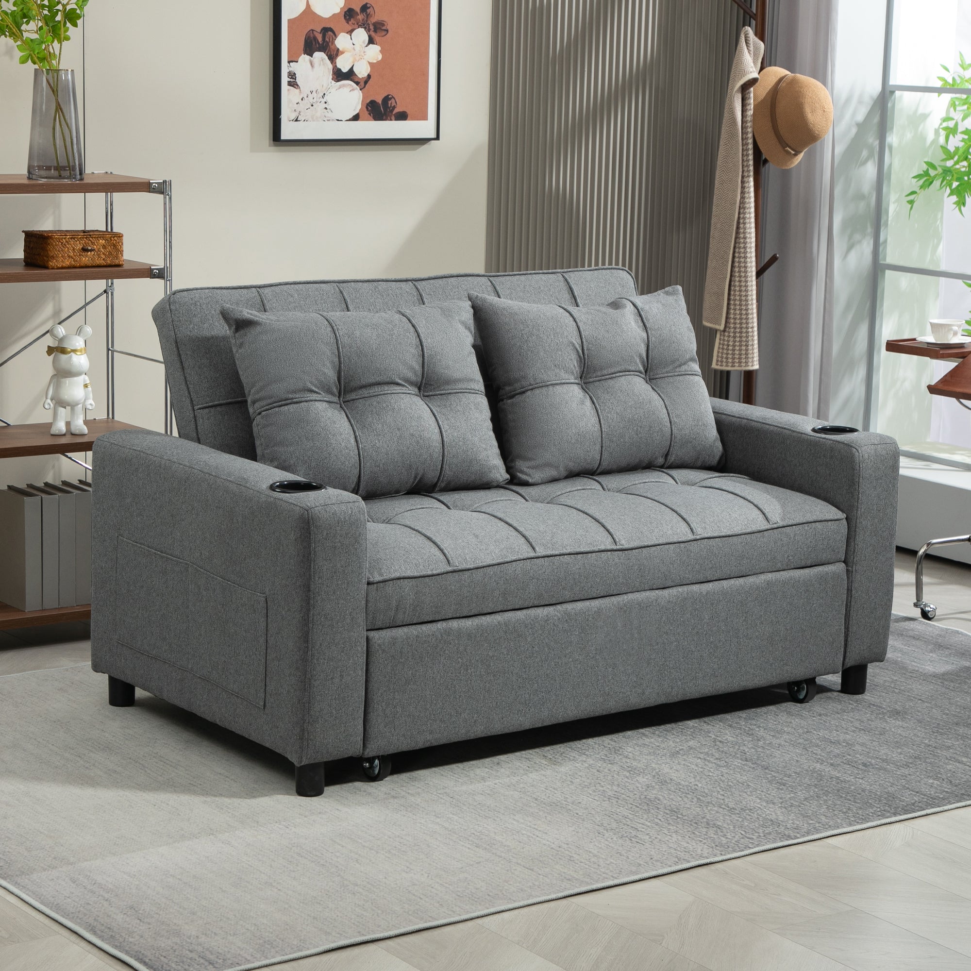 Two-Seater Pull-Out Sofa Bed with Adjustable Backrest and Cup Holders - Charcoal Grey
