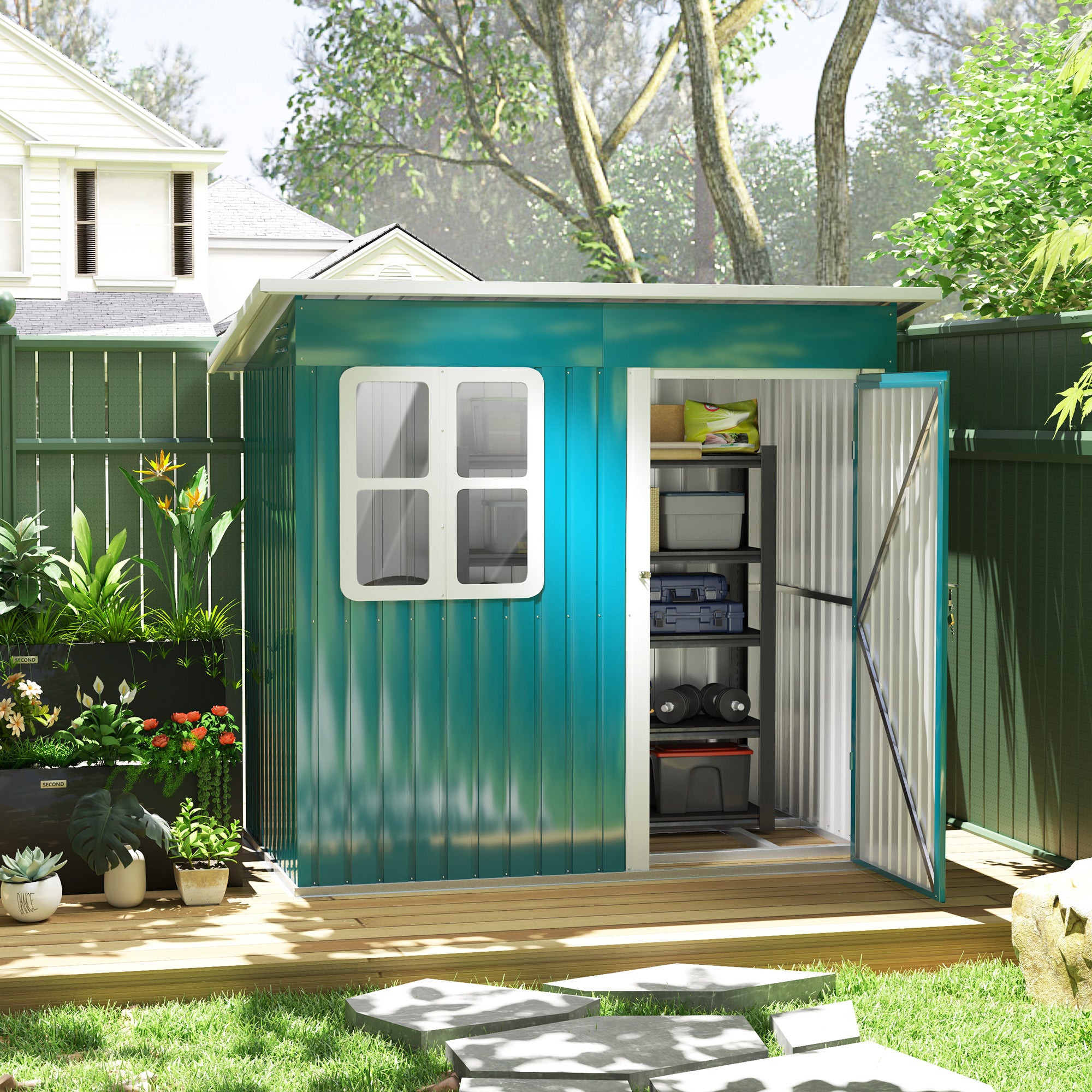 7 x 4ft Galvanised Steel Garden Shed with Lock and Window - Green