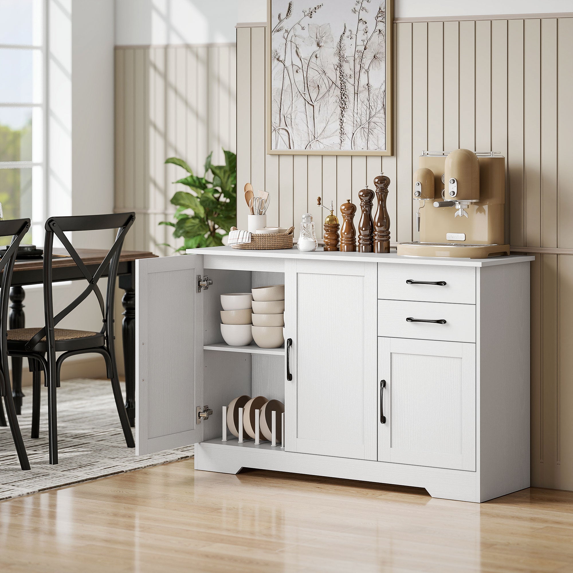 Sideboard with 2 Drawers Modern Storage Cabinet, Kitchen Cupboard with Adjustable Shelf and 3 Doors White
