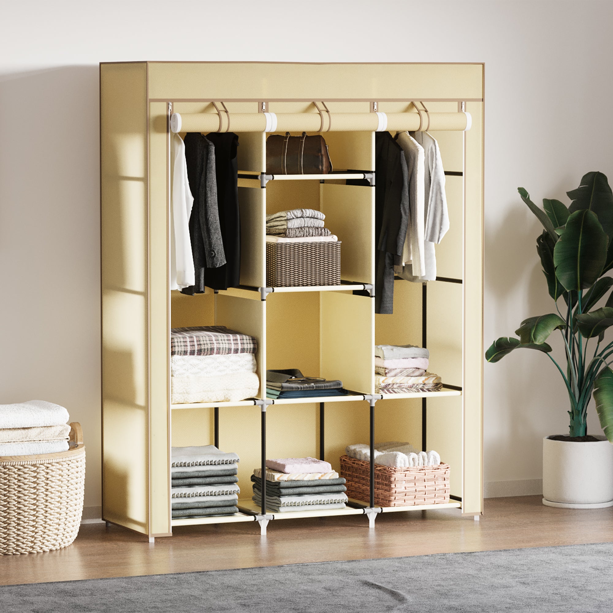 Fabric Wardrobe with Dual Rails and Shelves for Organized Storage - Beige