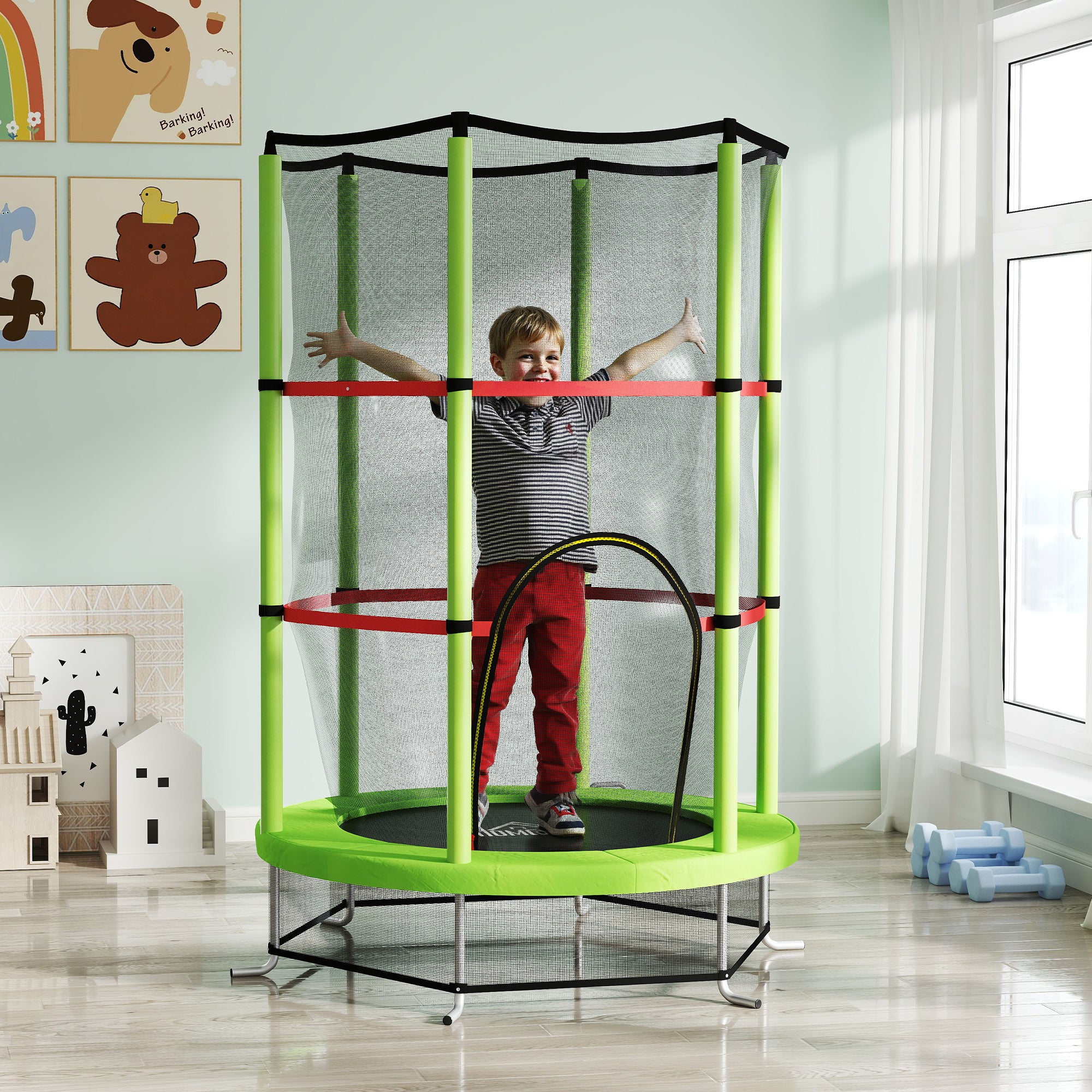 Kids Trampoline with Enclosure Net and Steel Frame for Ages 3-6 Years - Green