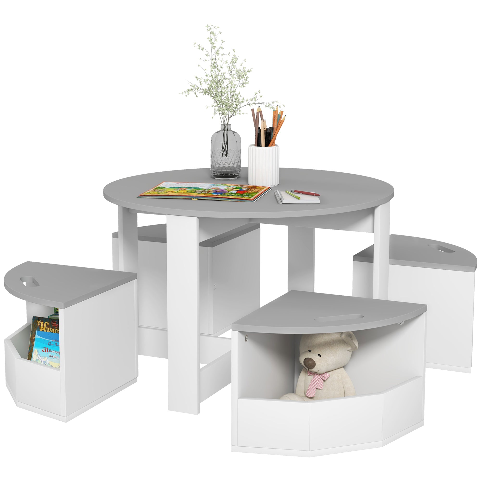 5 Piece Kids Table and Chairs Set with Storage - Grey