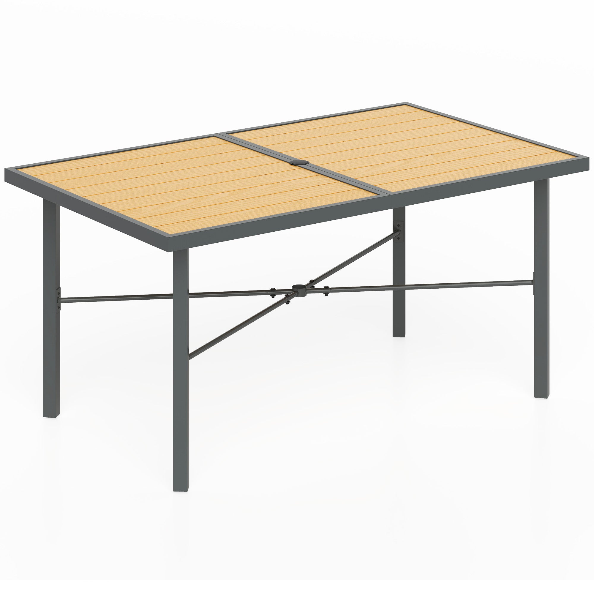6 Seater Garden Dining Table with Wood Effect Top & Umbrella Hole - Natural Wood Finish