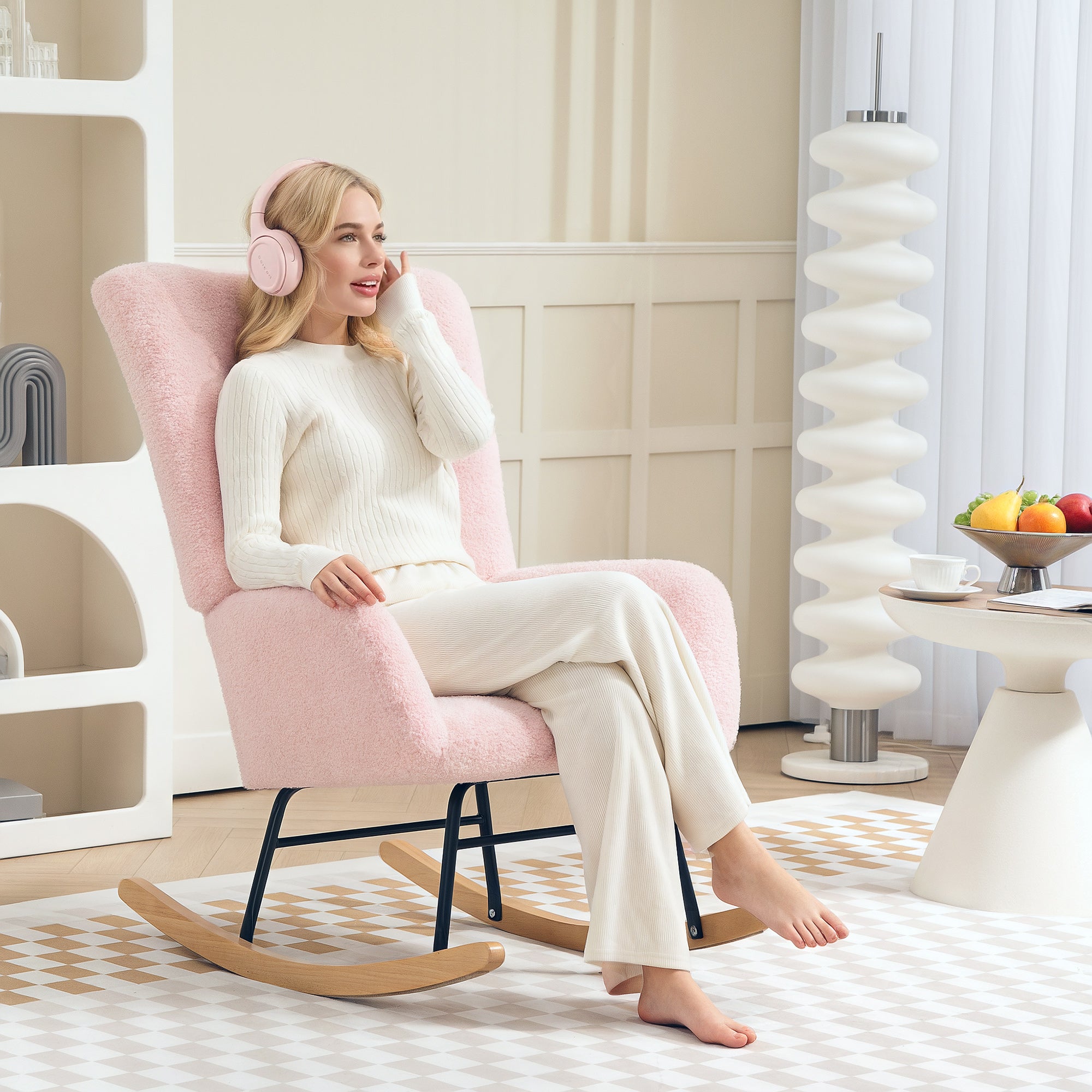 Teddy Fleece Rocking Chair with Cushioned Seat and Back Support - Pink