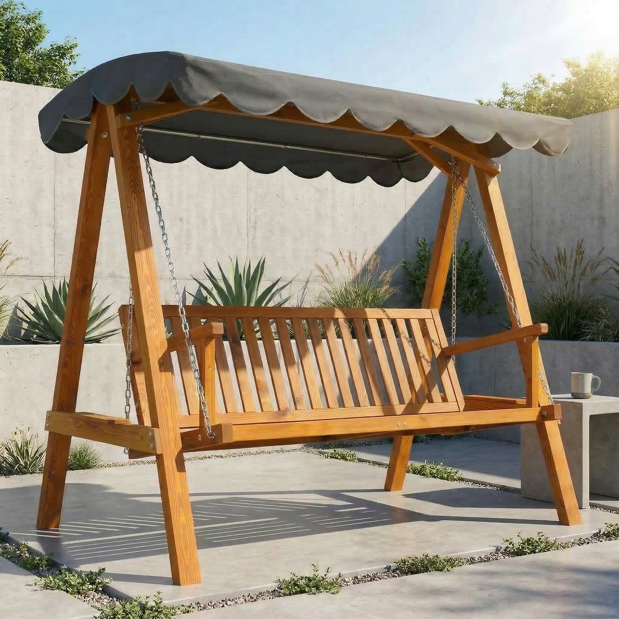 3 Seater Garden Swing Seat with Canopy, Wooden Swing Chair, Outdoor Hammock Bench for Balcony Patio Porch, Dark Grey