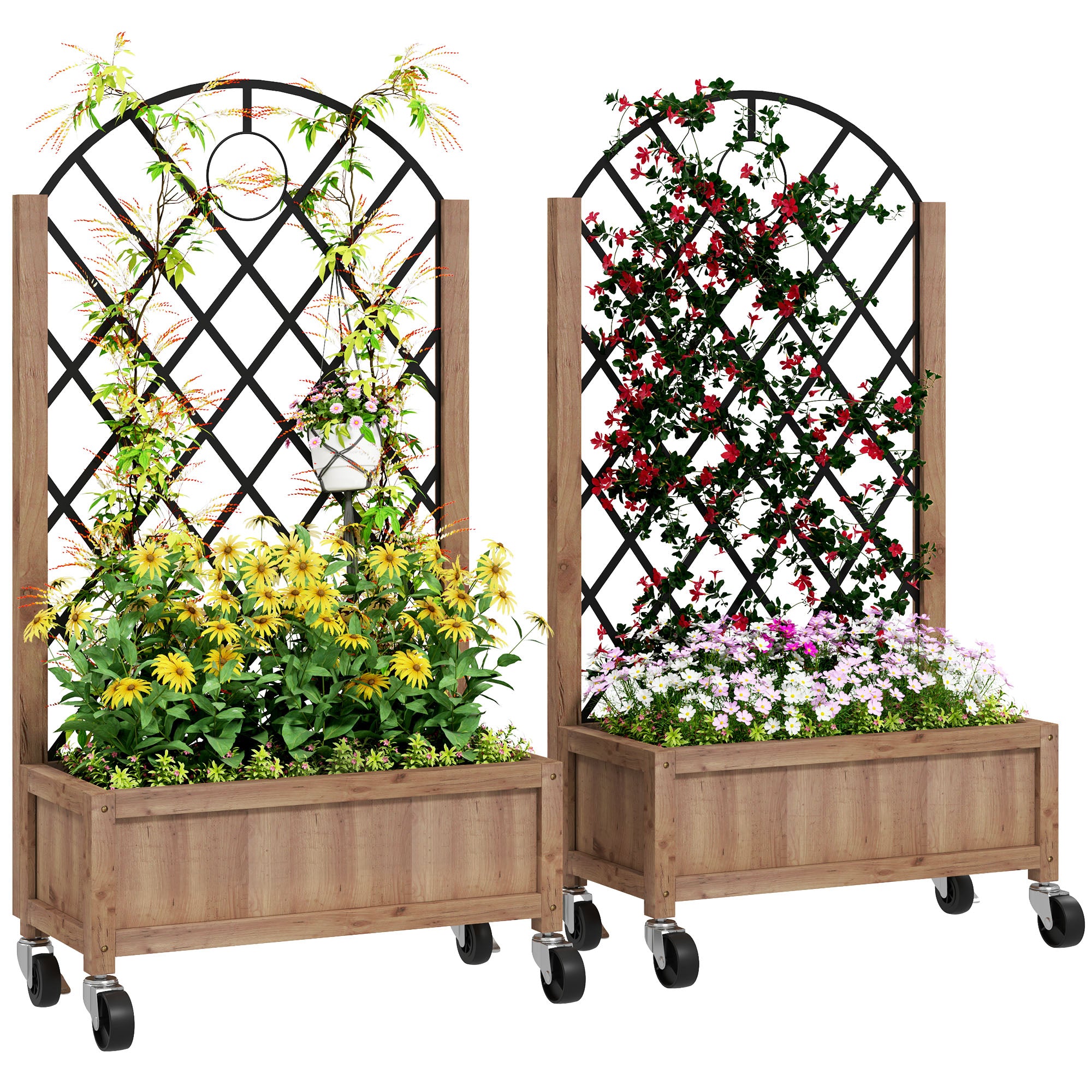 Wooden Planter with Metal Trellis and Wheels - Brown Black