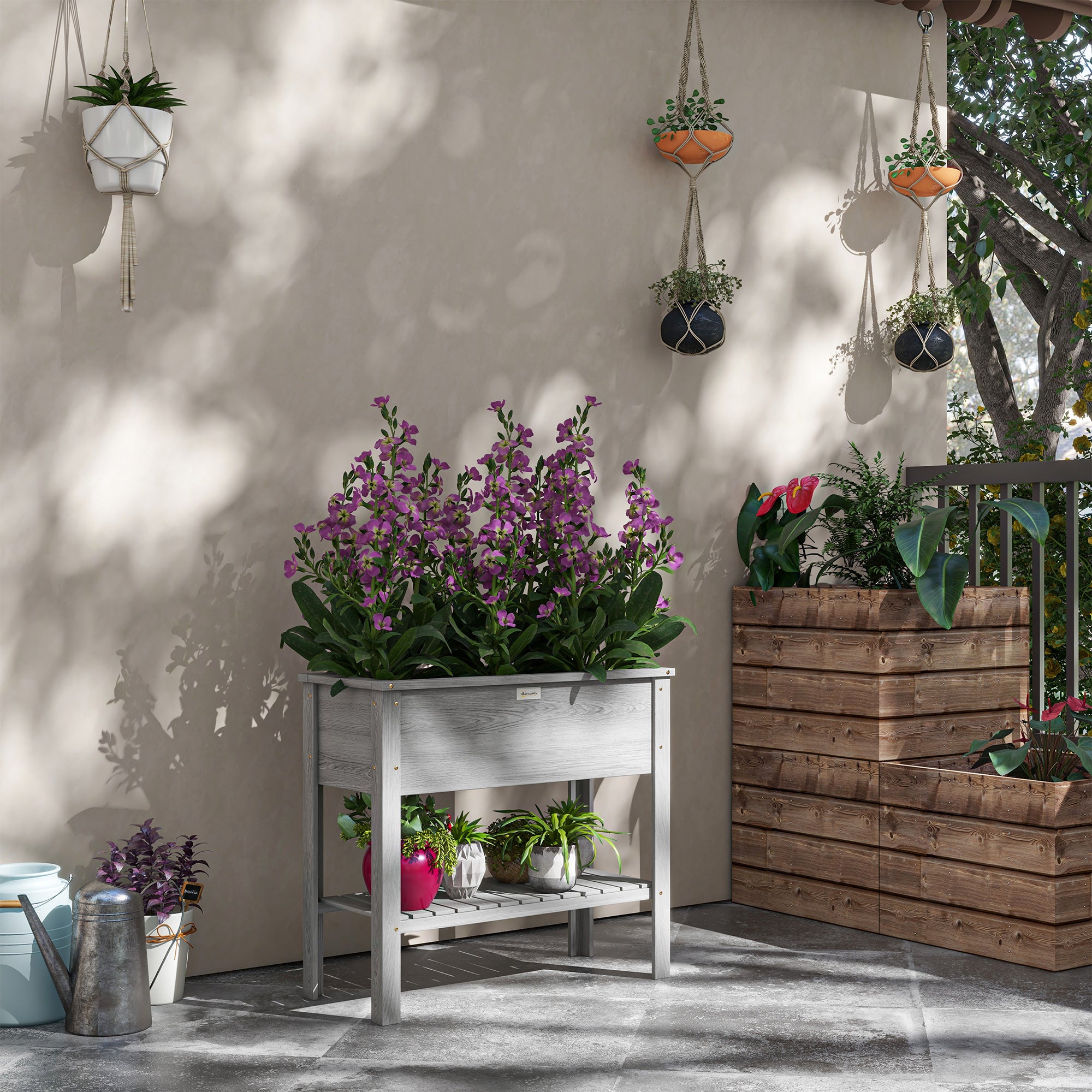 Wooden Raised Garden Bed, Elevated Planter Box with Storage Shelf and Drainage Holes, Raised Planter with Legs, Grey