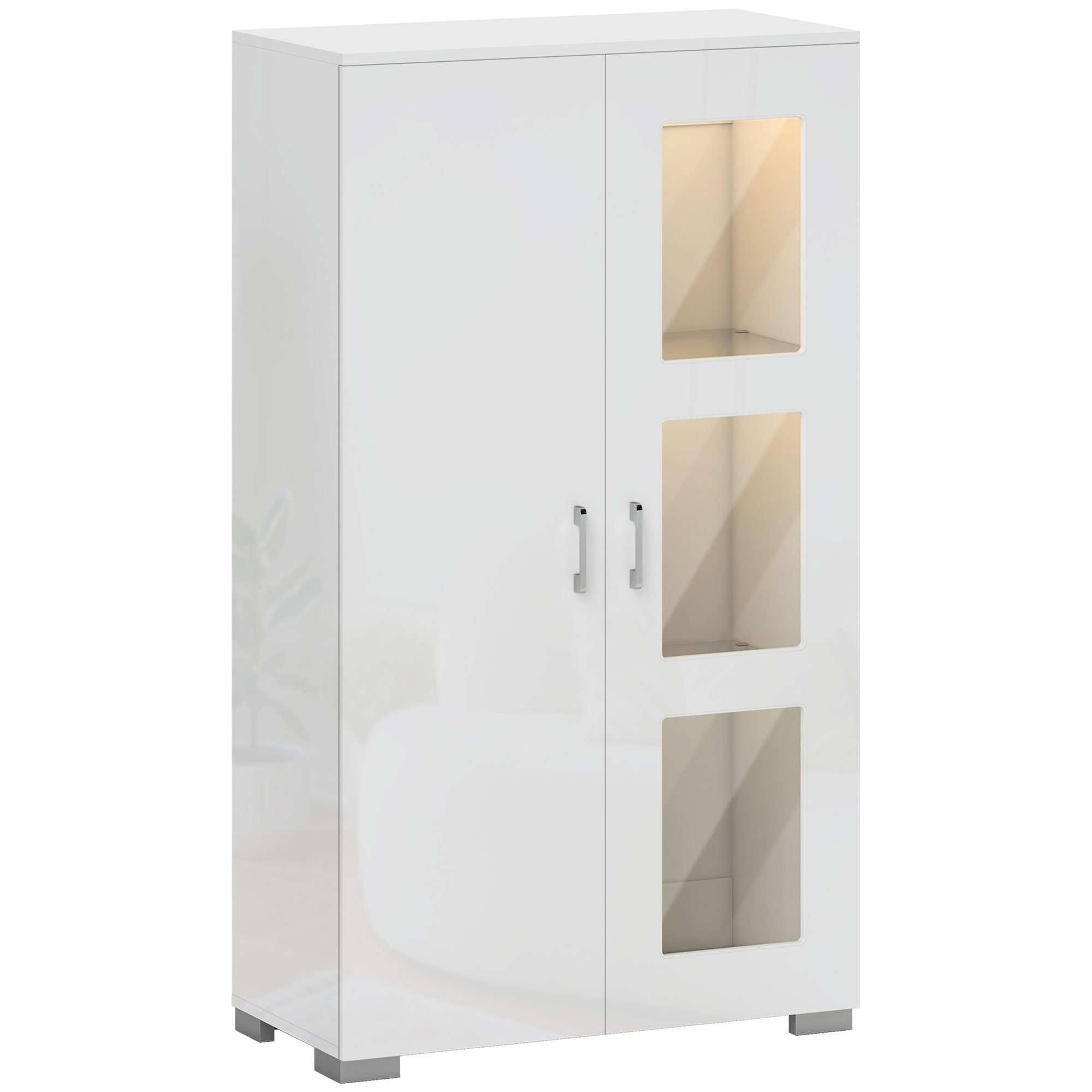 High Gloss Sideboard, Display Cabinet with 16-Colour RGB LED Lights and Remote Control, Modern Storage Cupboard with Glass Doors and Shelves for Living Room, Dining Room, Kitchen, White