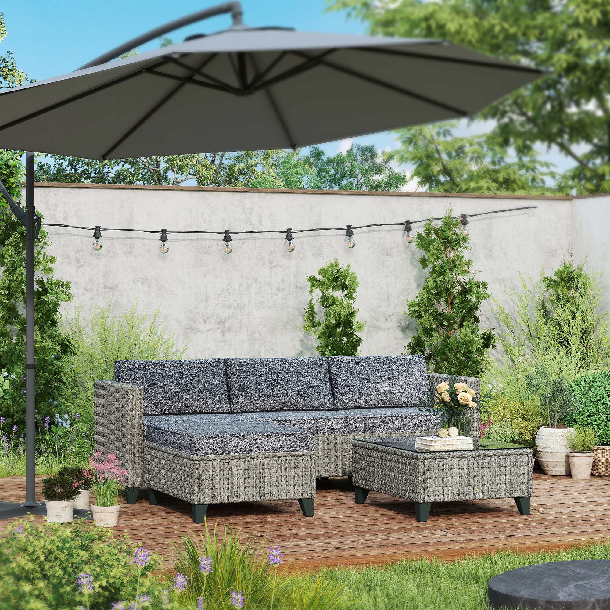 5 Piece Rattan Patio Furniture Set with Cushions - Dark Grey