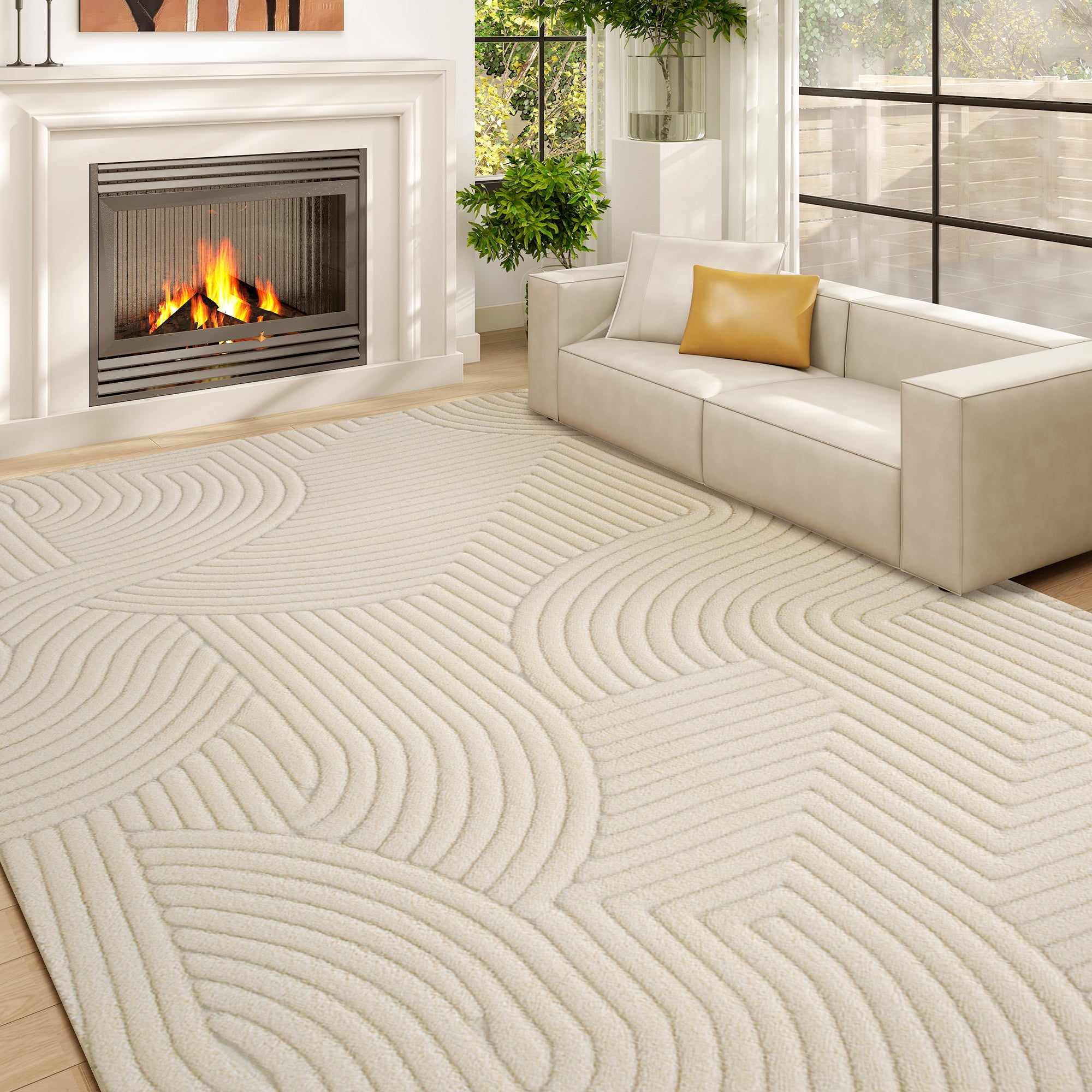 Modern Geometric Rug, Thick Plush, Non-Slip, 160 x 120 cm – Cream, Living Room/Bedroom/Office