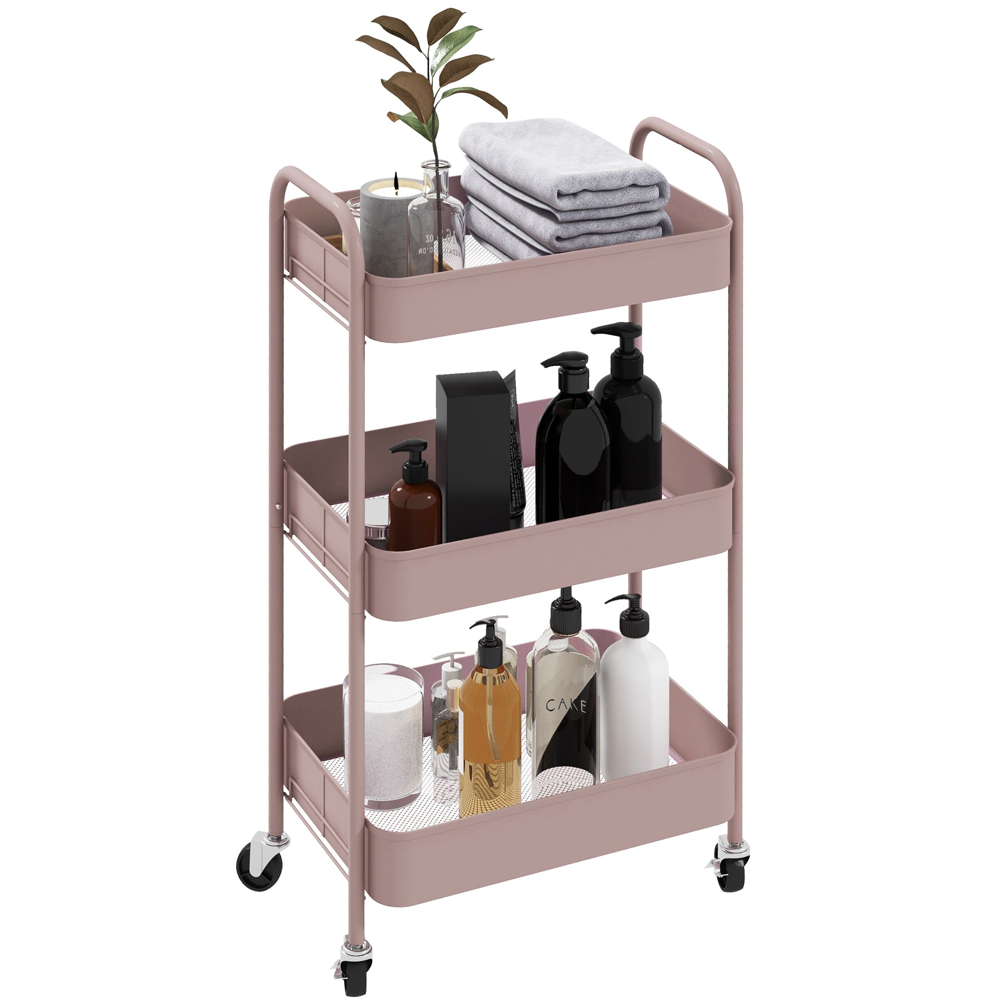 Three-Tier Steel Storage Trolley with Wheels and Handles - Pink