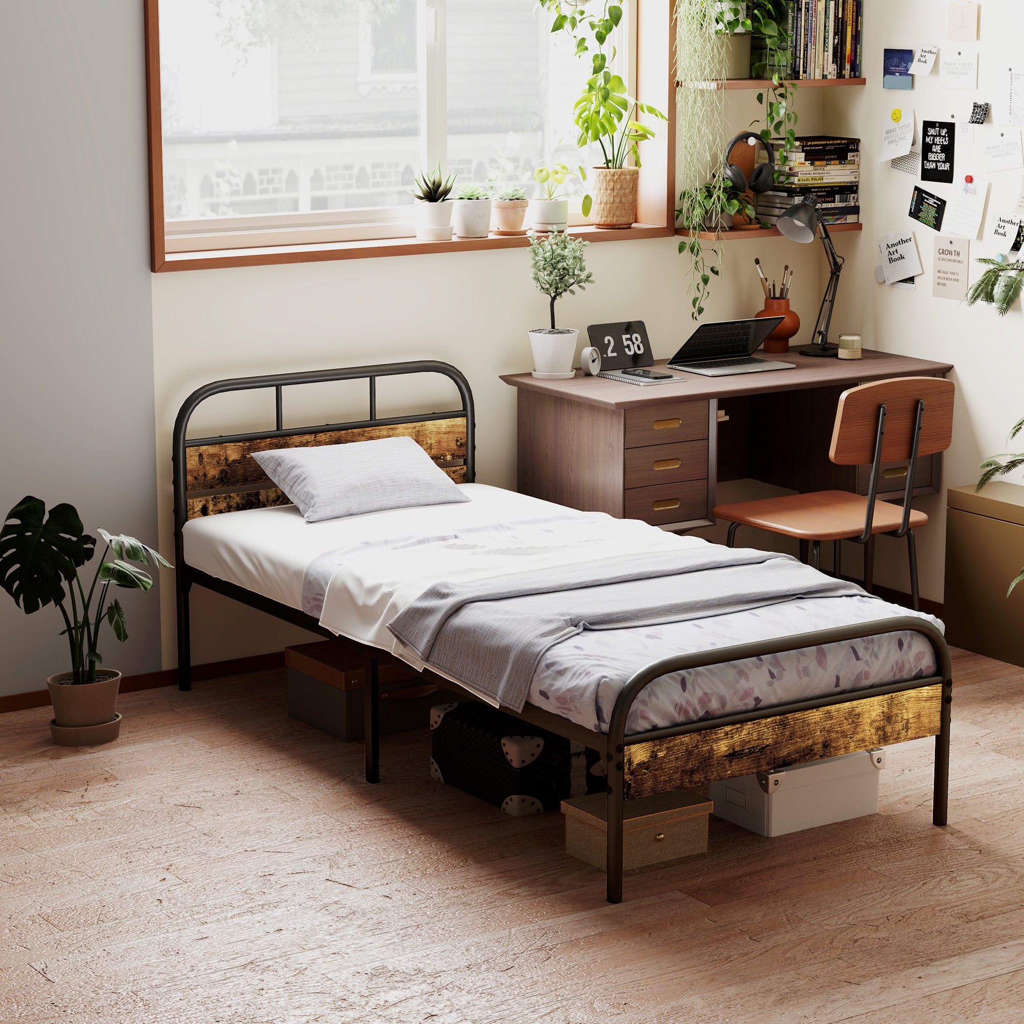 Industrial-Style Single Bed Frame with Strong Metal Support - Black Brown
