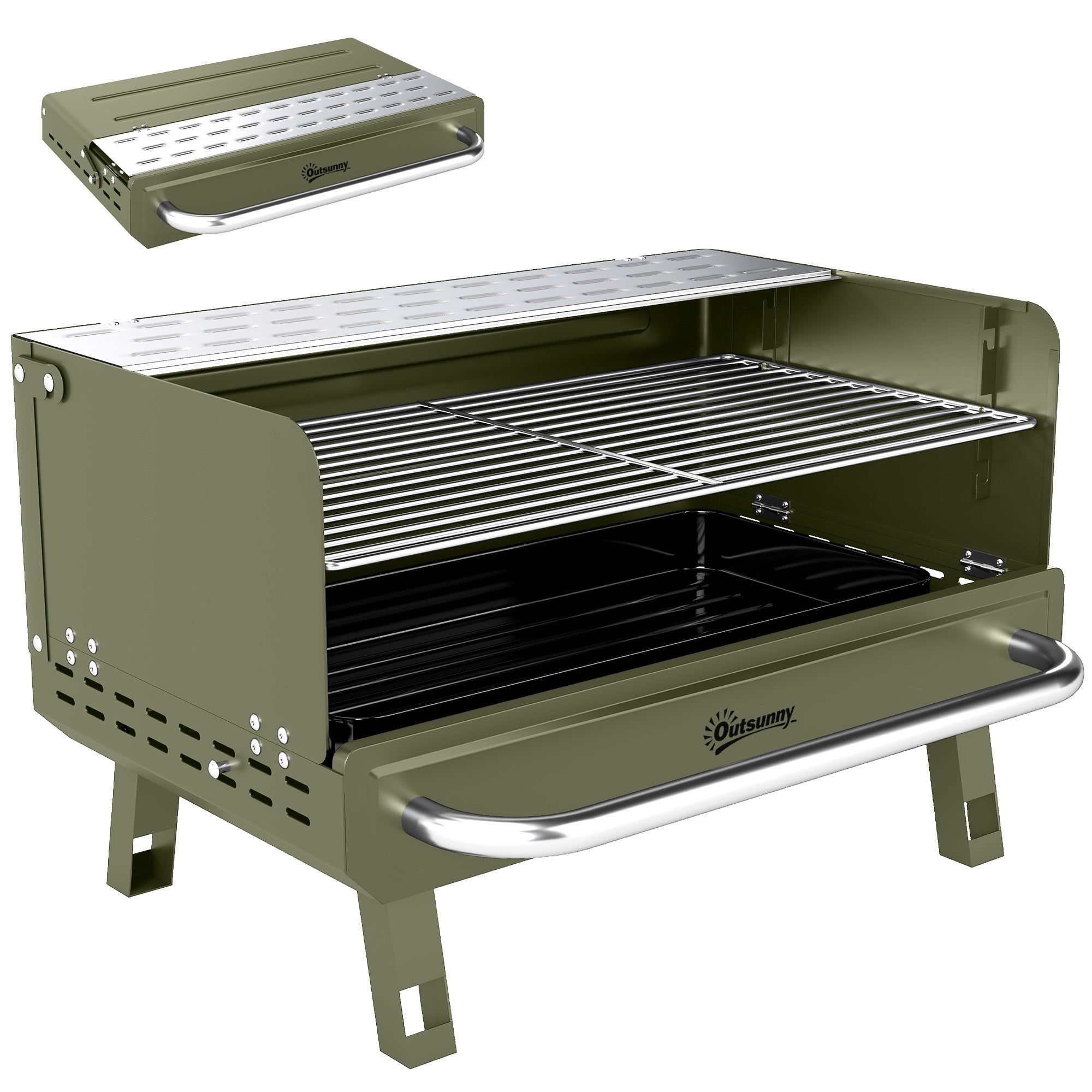 Portable BBQ Grill, Charcoal Barbecue Grill with Adjustable Grates, Foldable Legs, Side Shelf for Camping Travel, Green