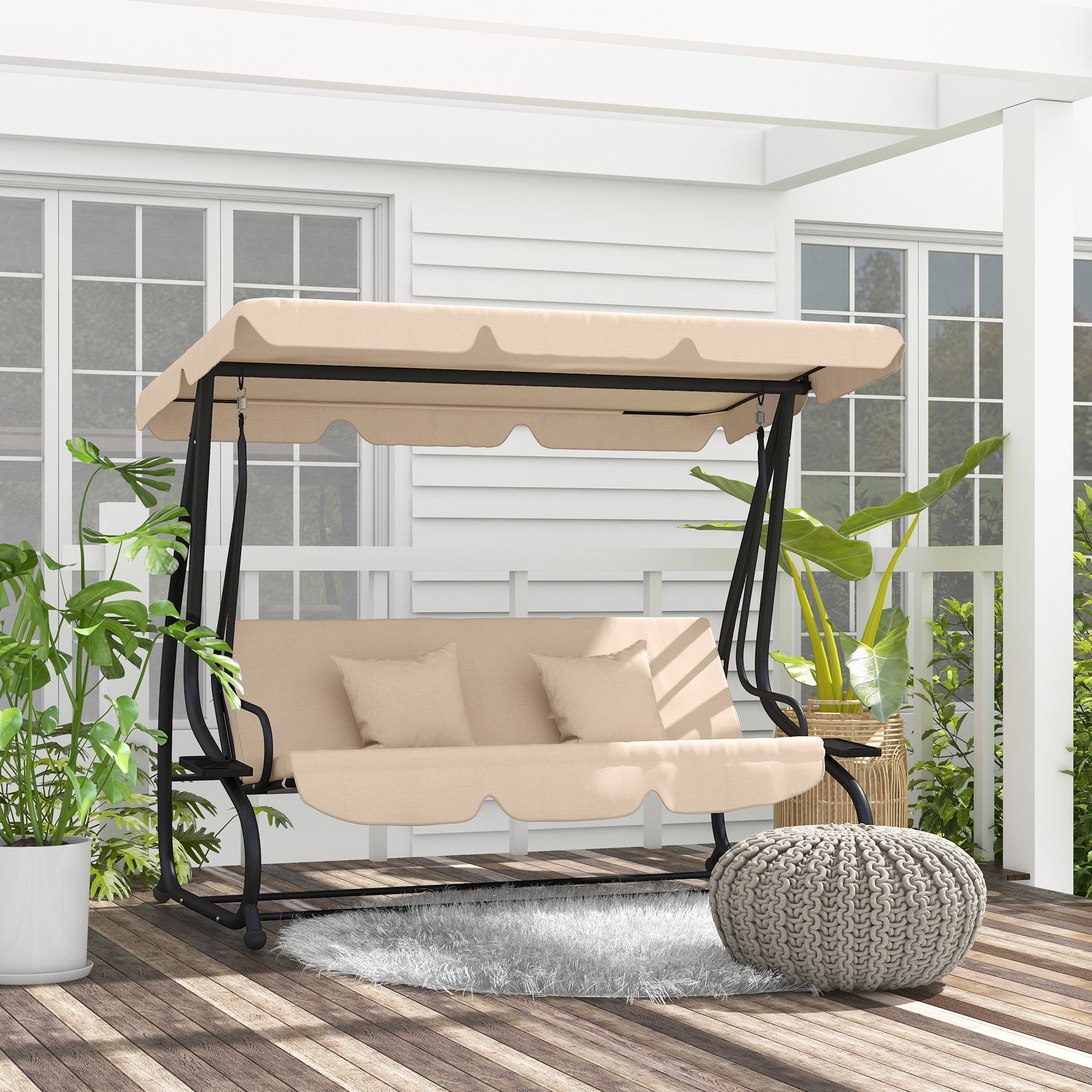 Three-Person Garden Swing Chair with Adjustable Canopy - Light Brown