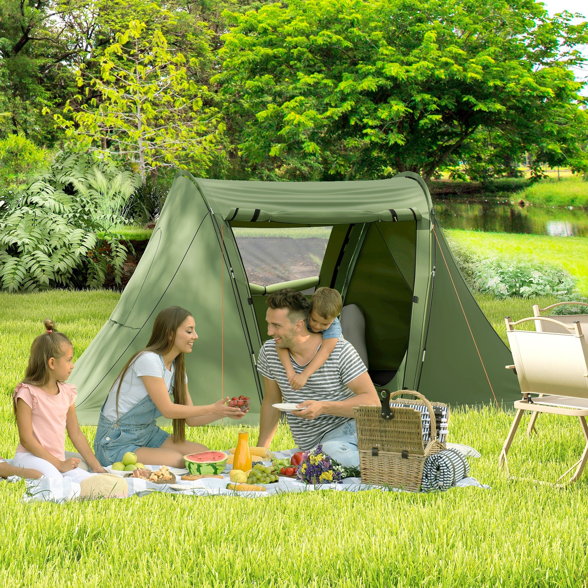 Waterproof 3 Man Camping Tent with Living Area - Green