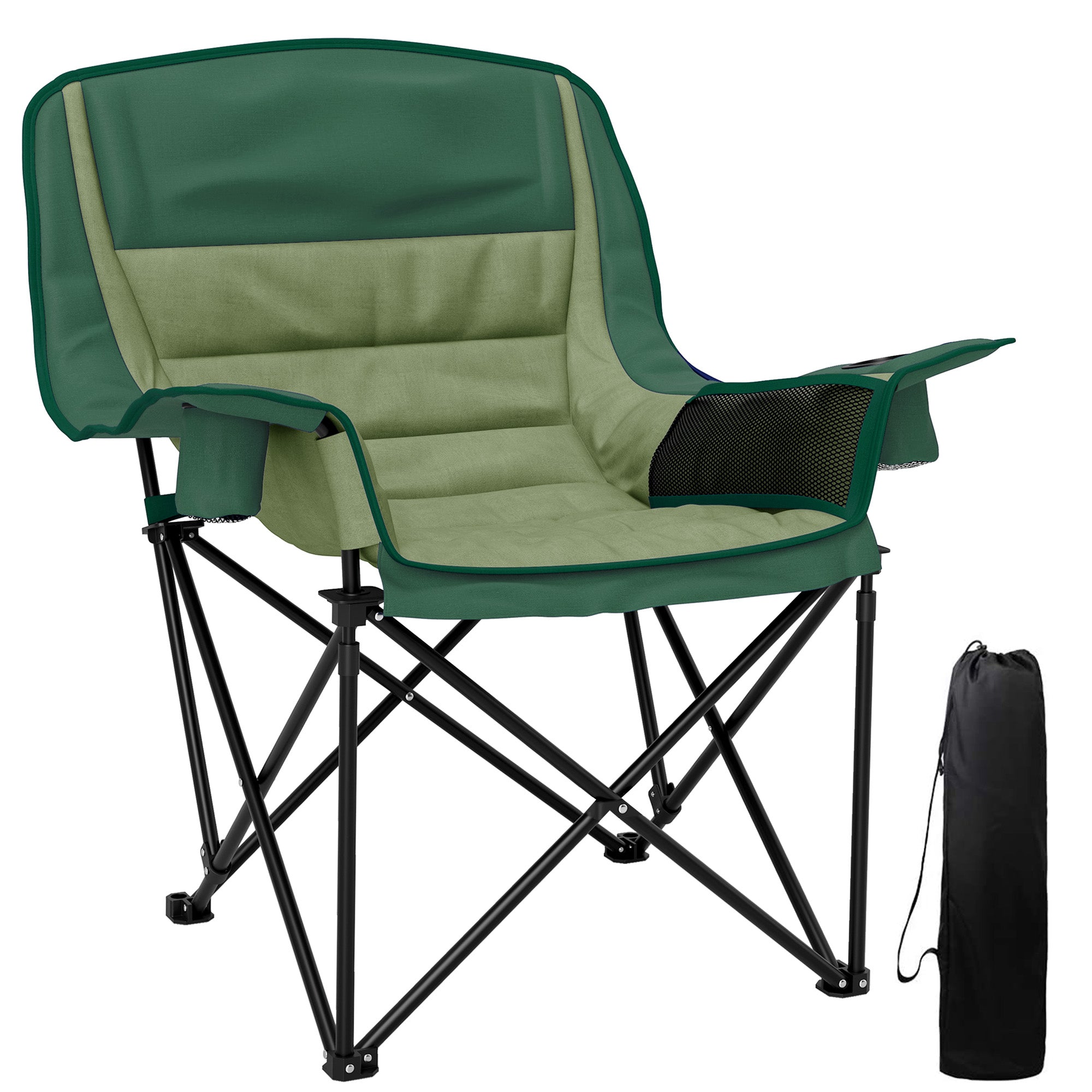 Comfortable Portable Padded Camping Chair with Cup Holders - Olive Green