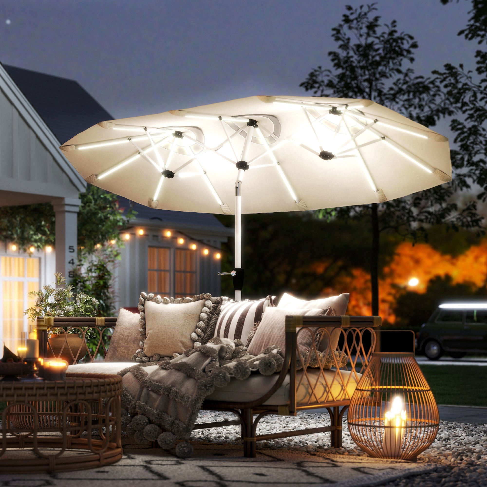 3 m Double-Sided Garden Parasol with LED Solar Lights, Outdoor Extra Large Sun Umbrella with Crank Handle, Cream White