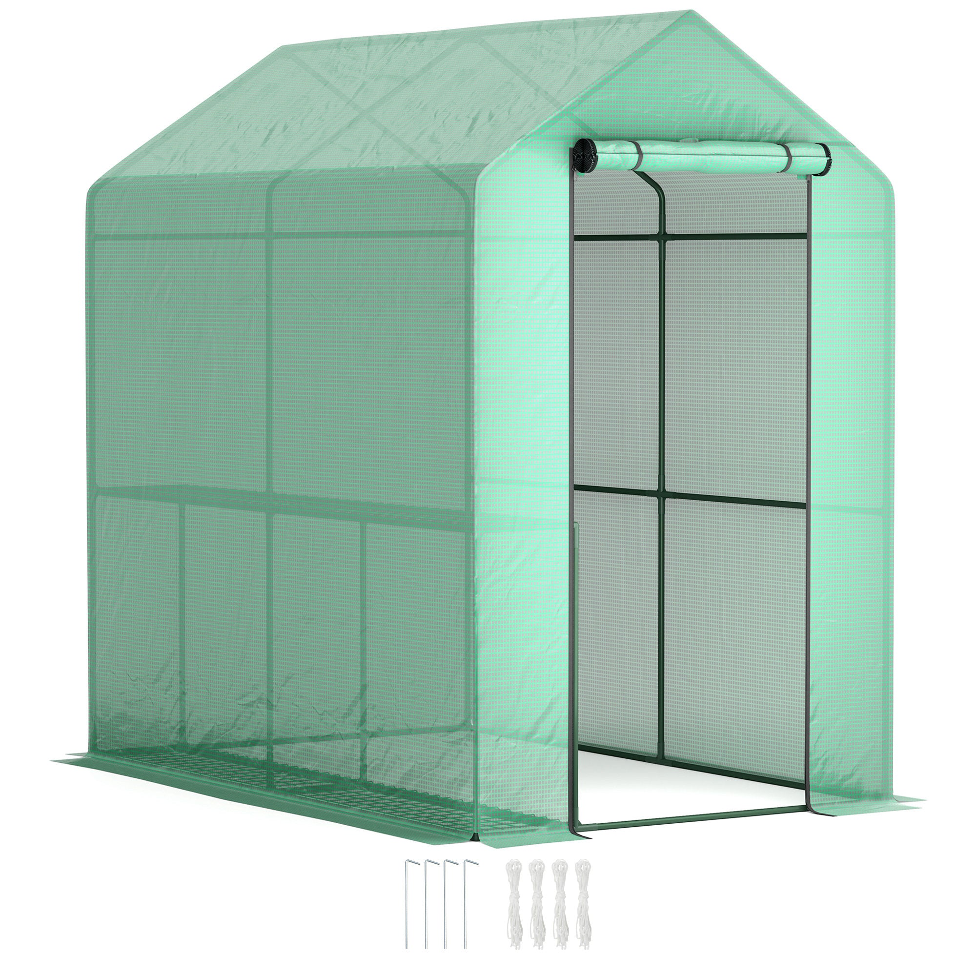 120 x 186cm Walk-In Greenhouse with Shelves - Green Steel Frame